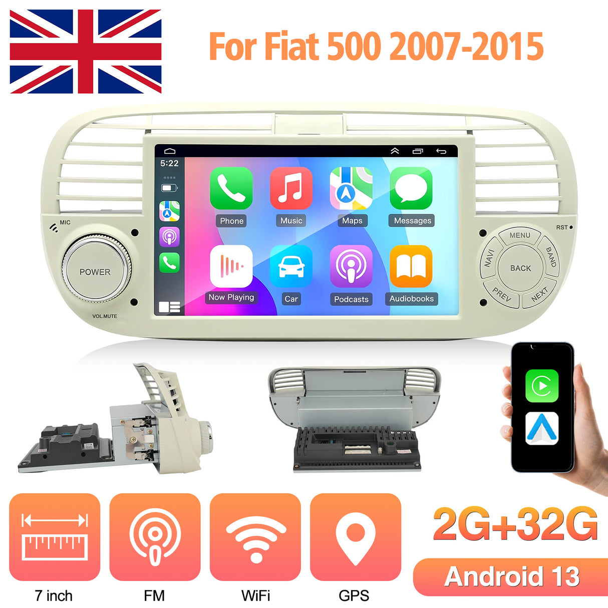 7'' Apple Carplay Android 13 Radio Stereo 2+32G — Fiat 500 2007-2015 (1)