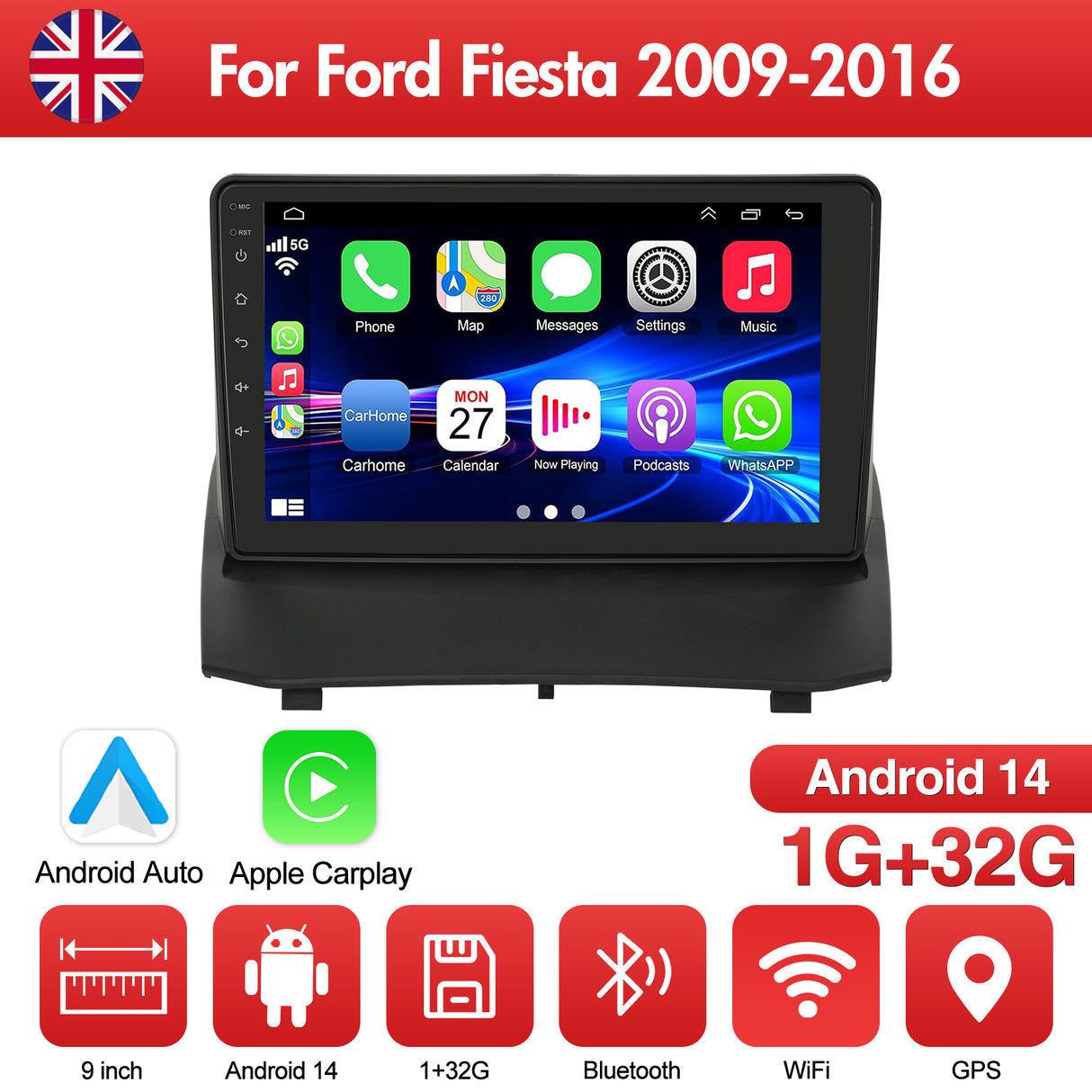 9'' Apple Carplay Android 14 Radio Stereo 1+32G — Ford Fiesta 2009-2016 (1)
