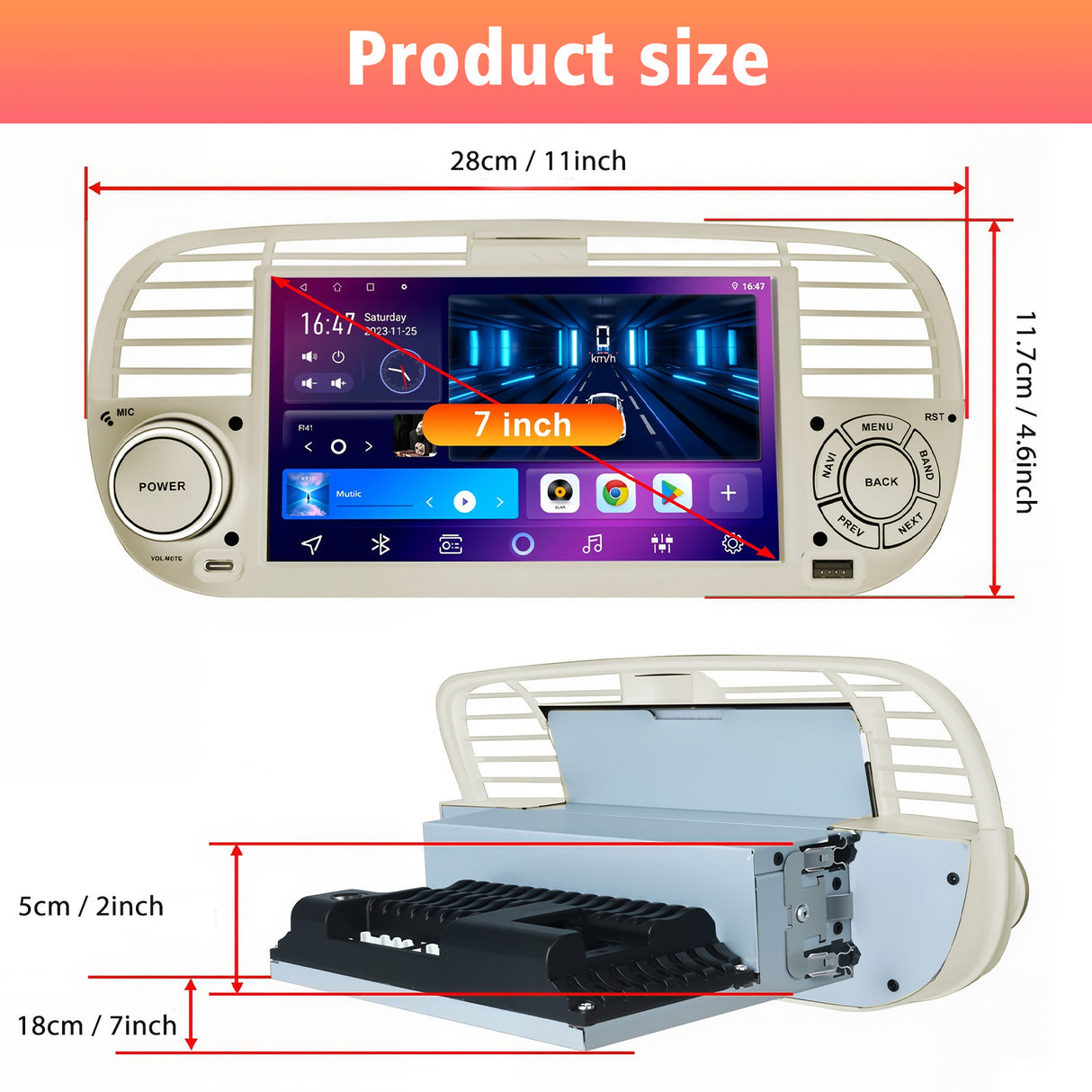 7'' Apple Carplay Android 13 Radio Stereo 2+32G — Fiat 500 2007-2015