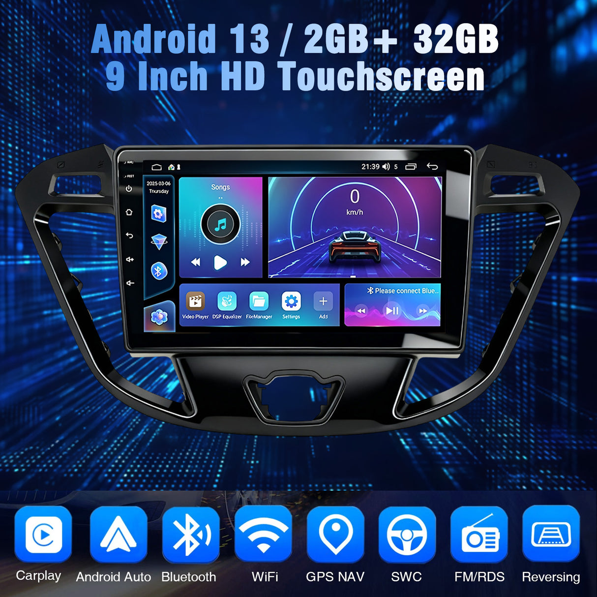 9'' Apple Carplay Android 14 DAB+ Radio Stereo 2+32G — Ford Transit Custom 2012-2021