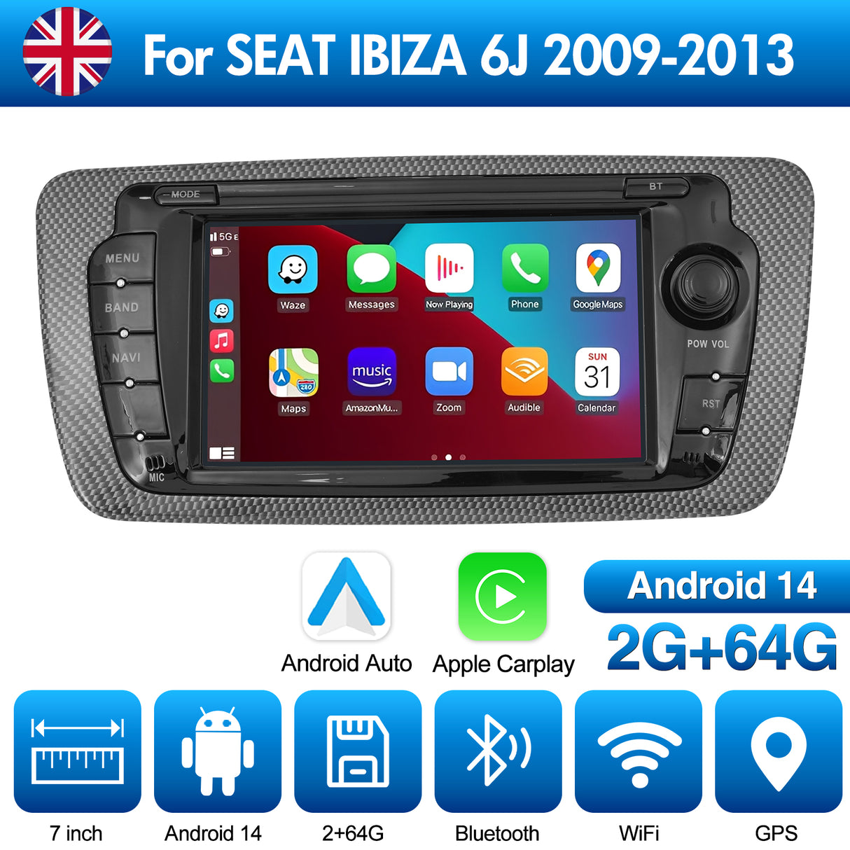 7'' Apple Carplay Android 14 Radio Stereo 2+64G — SEAT IBIZA 6J 2009-2013