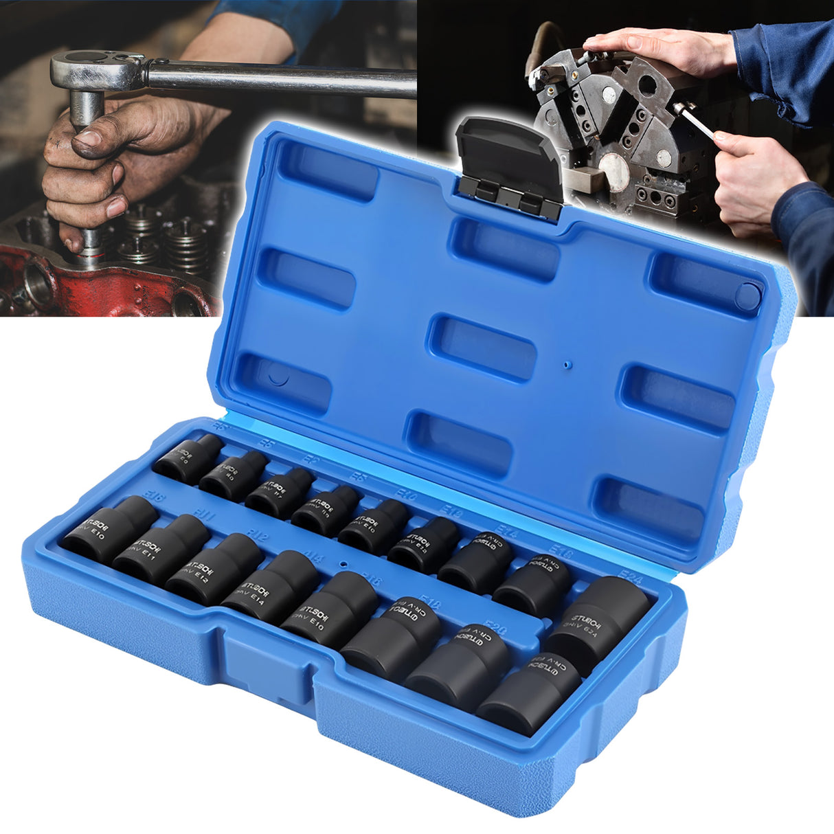 17pcs Impact E Torx Female Sockets Set — E5-E24 3/8'' & 1/2'' Drive