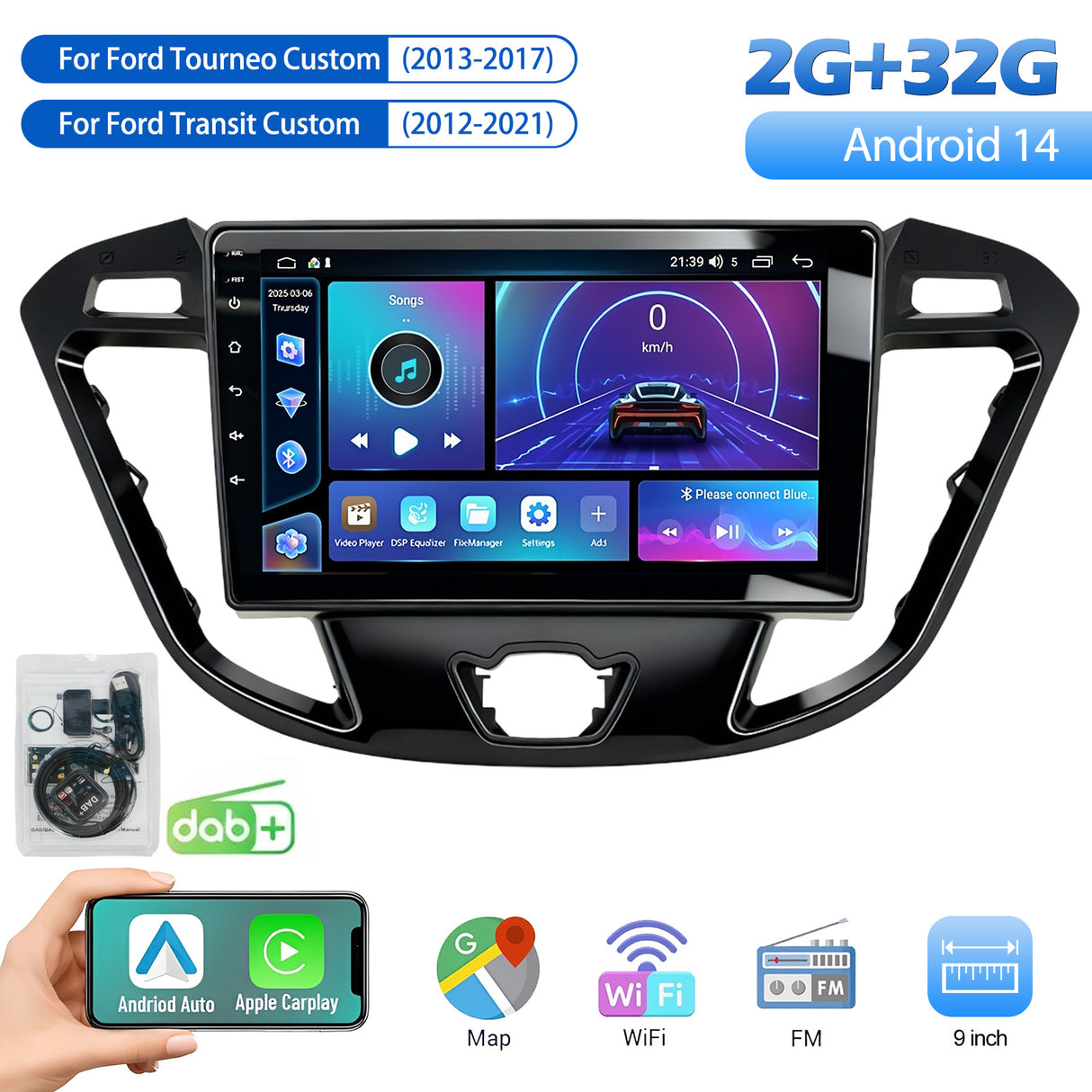 9'' Apple Carplay Android 14 DAB+ Radio Stereo 2+32G — Ford Transit Custom 2012-2021