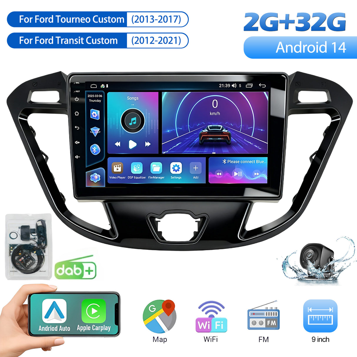 9'' Apple Carplay Android 14 AHD DAB+ Radio Stereo 2+32G — Ford Transit Custom 2012-2021