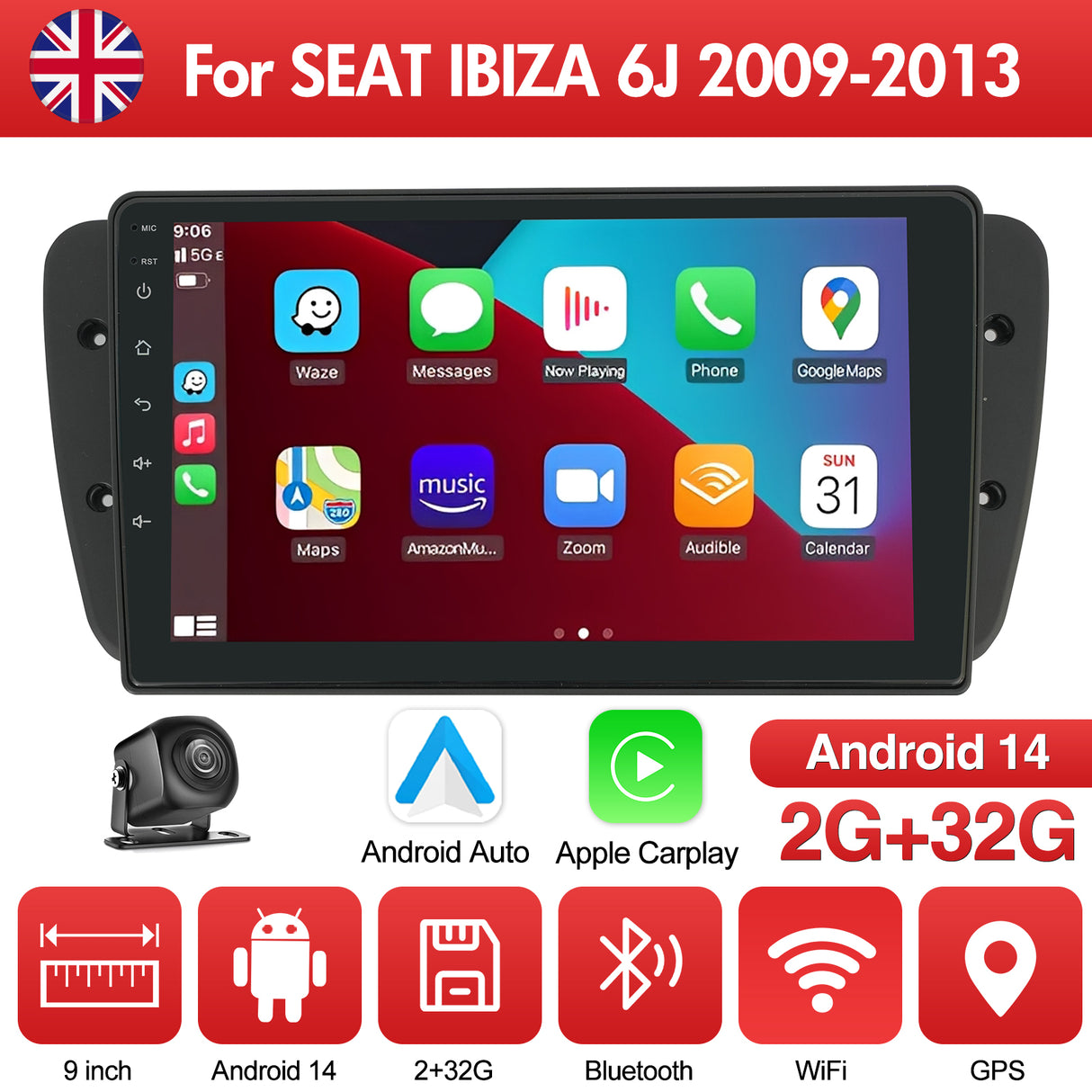 9'' Apple Carplay Android 14 Radio Stereo 2+32GB — SEAT IBIZA 6J 2009-2013
