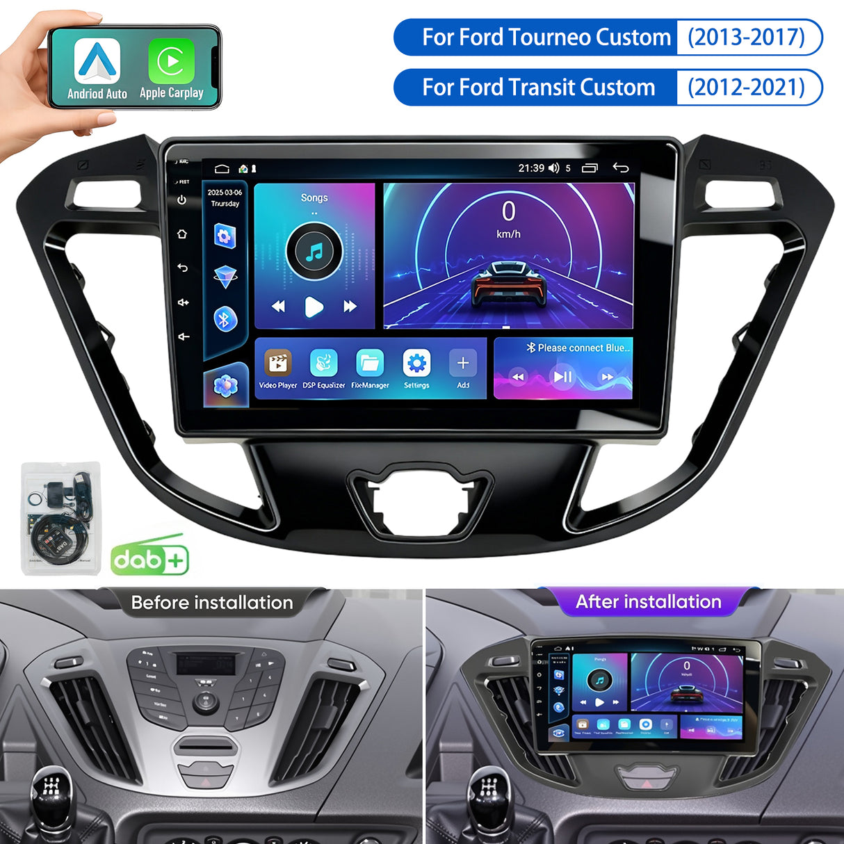9'' Apple Carplay Android 14 DAB+ Radio Stereo 2+32G — Ford Transit Custom 2012-2021