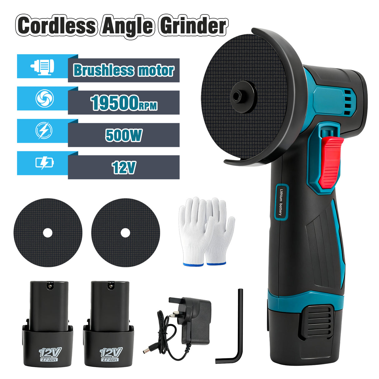 12V Mini Cordless Angle Grinder Kit with Batteries & Charger