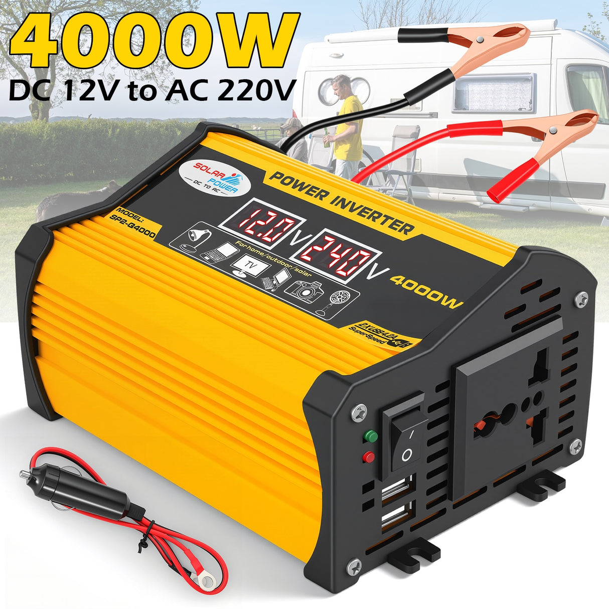4000W 12V to 220V Car Power Inverter with 1 AC & 2 USB-A