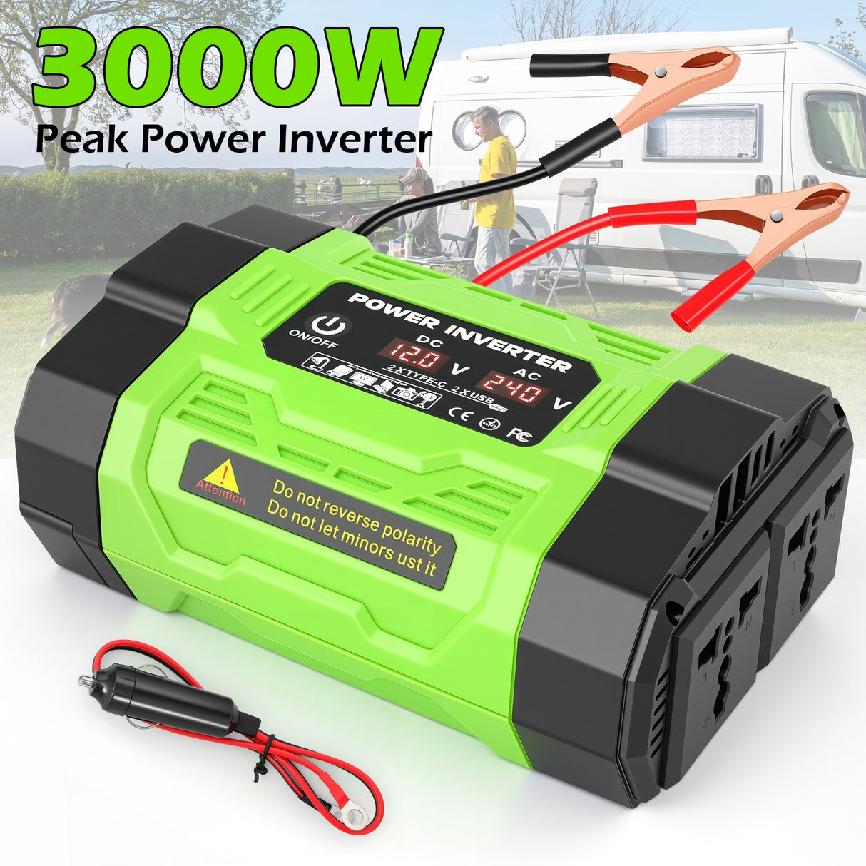 12V to 220V Car Power Inverter with 2 AC & 2 USB-A