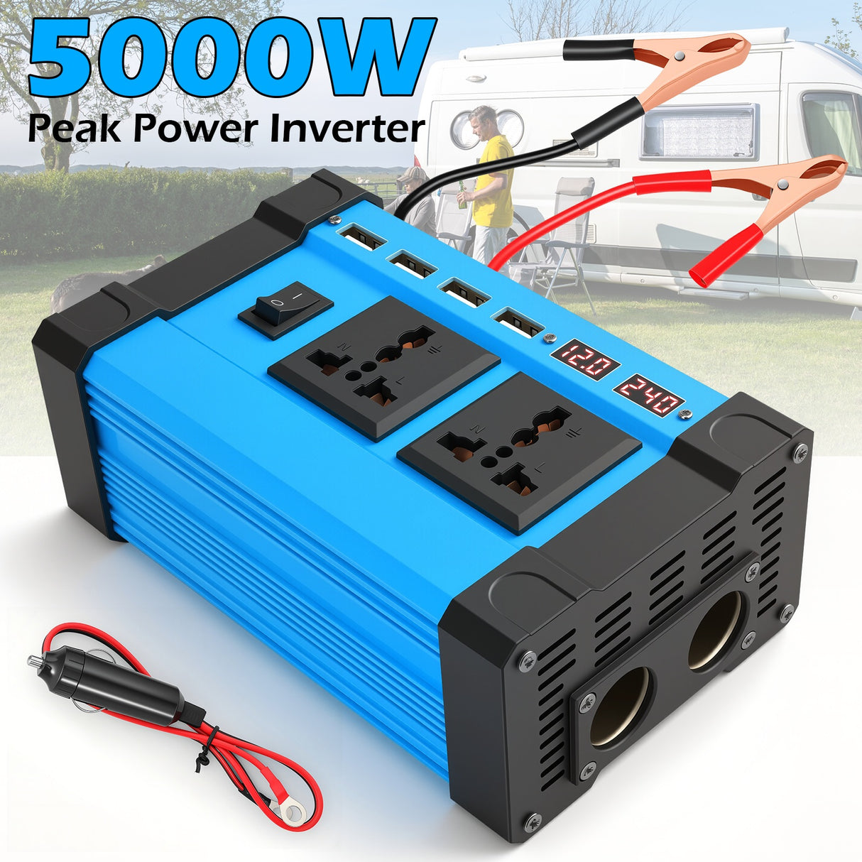 5000W 12V to 220V Car Power Inverter with 2 AC & 4 USB-A