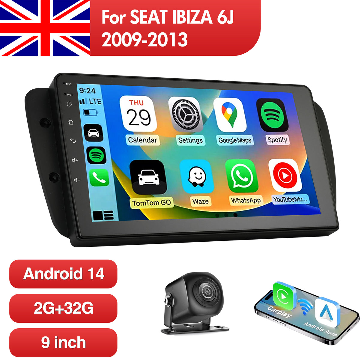 9'' Apple Carplay Android 14 Radio Stereo 2+32GB — SEAT IBIZA 6J 2009-2013
