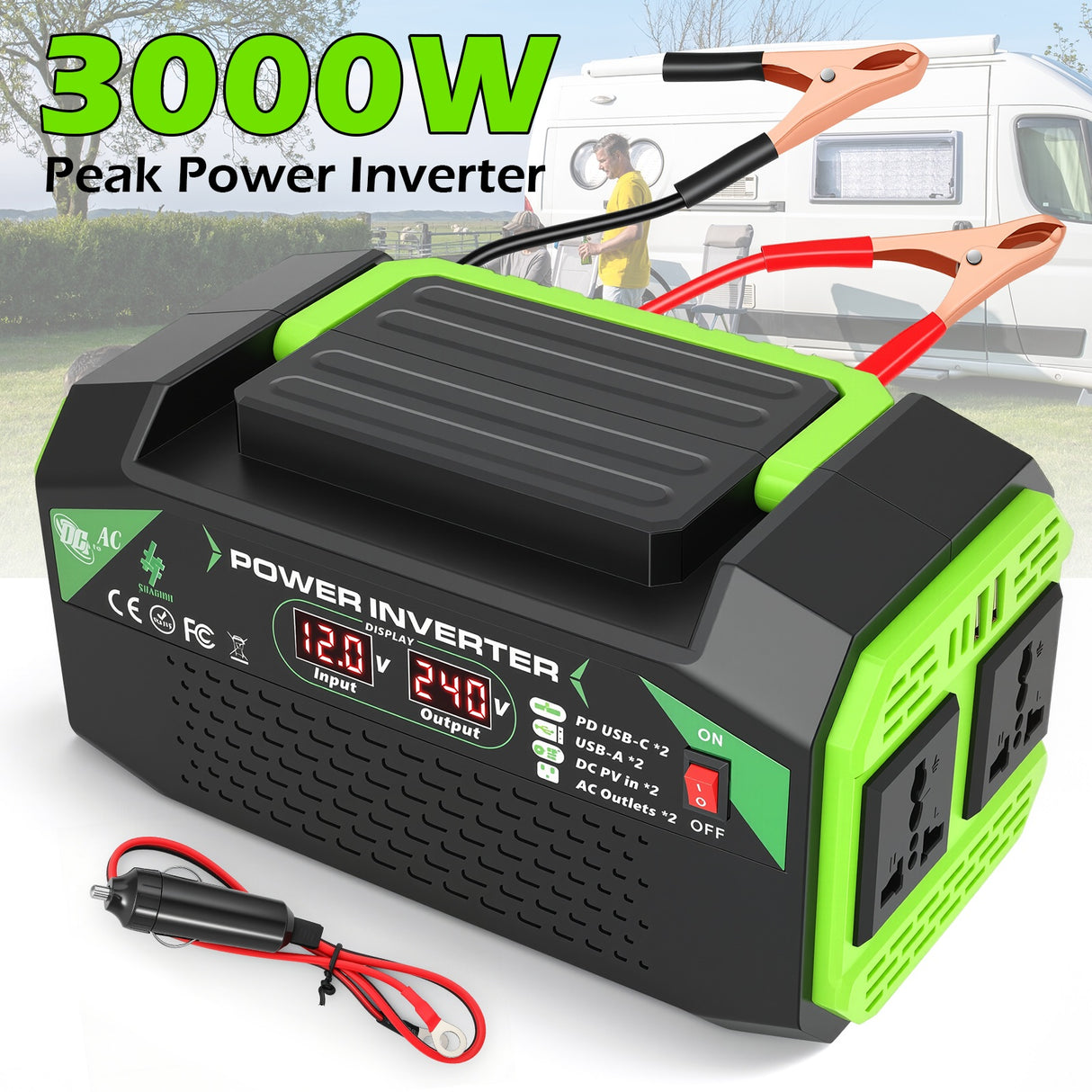 12V to 220V Car Power Inverter with 2 AC & USB Ports
