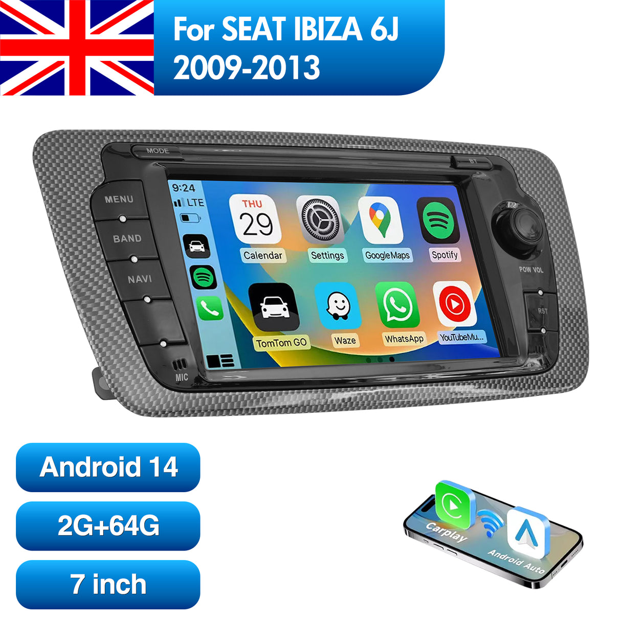 7'' Apple Carplay Android 14 Radio Stereo 2+64G — SEAT IBIZA 6J 2009-2013