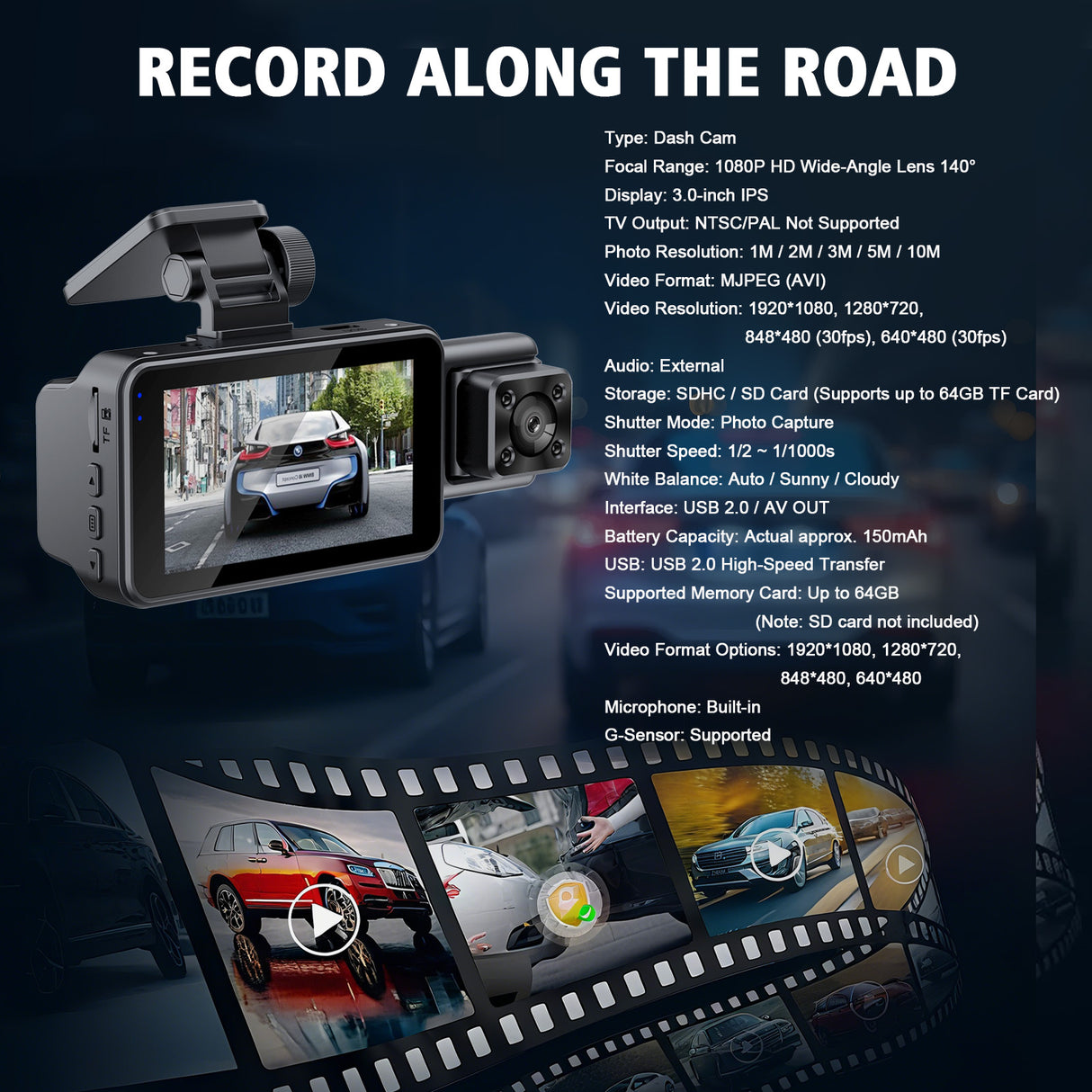 3" IPS 1080P WiFi Dash Cam with Front & Rear Camera (3)