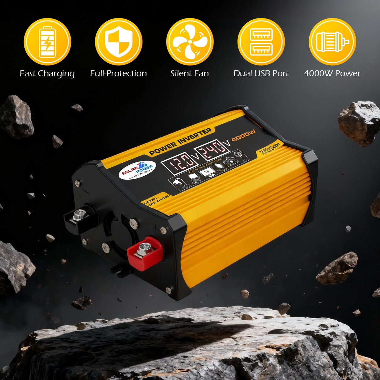 4000W 12V to 220V Car Power Inverter with 1 AC & 2 USB-A