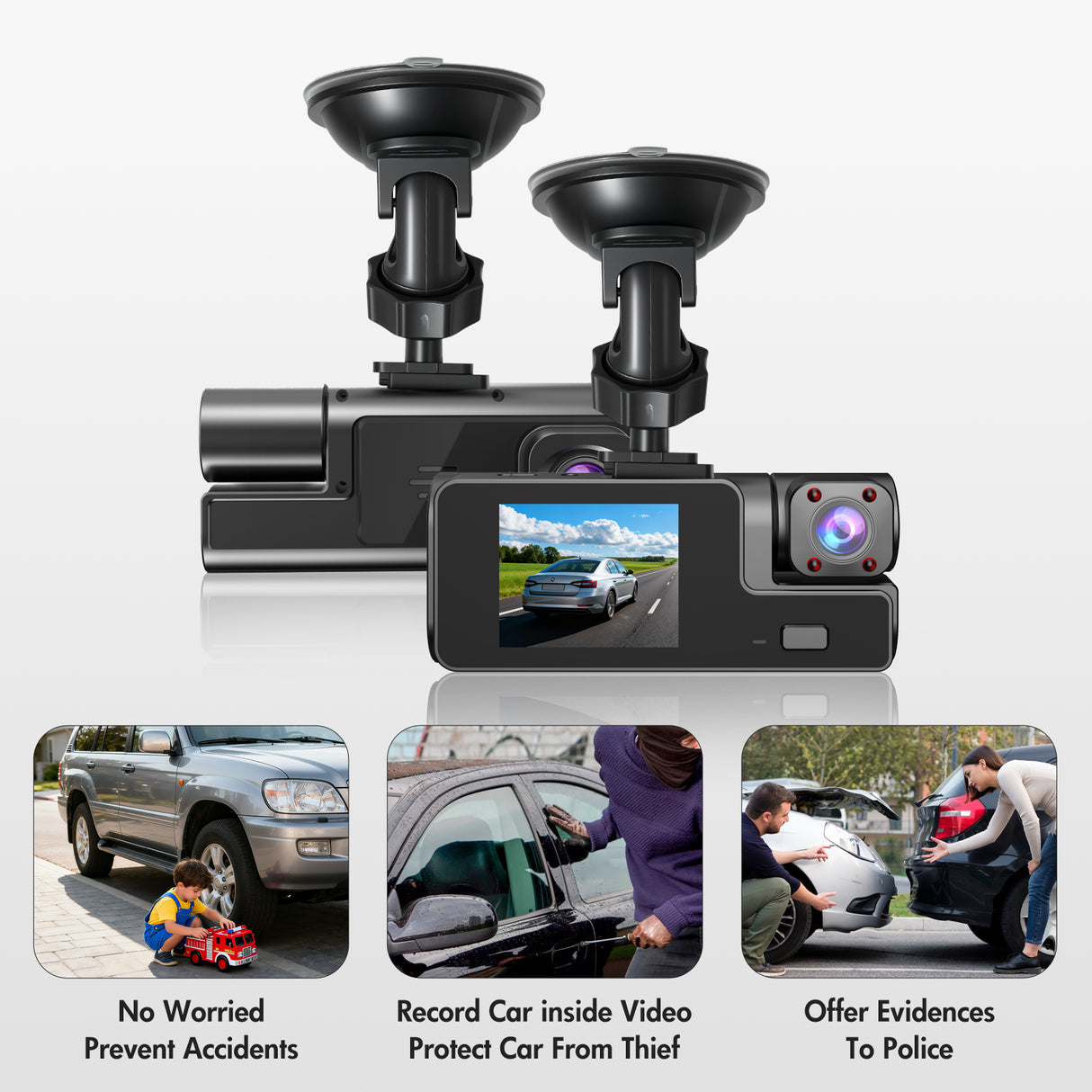 2" Triple Lens 1080P Dash Cam Standard Kit with Front & Rear Camera