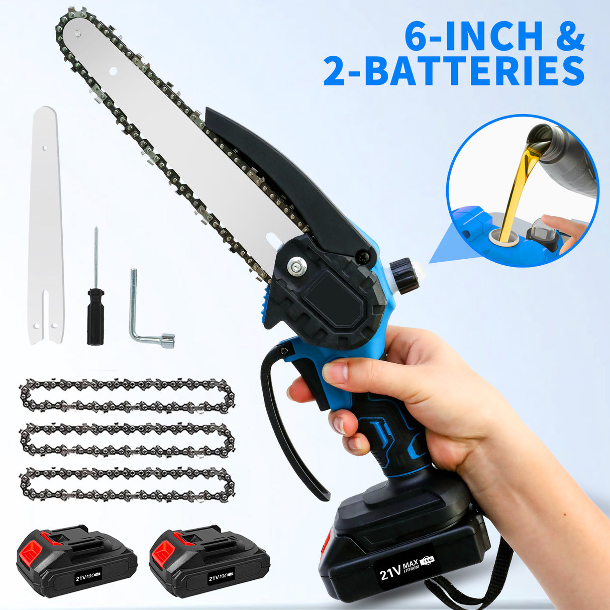 21V Cordless Handheld 3-Chain Chainsaw Kit with Batteries & Charger