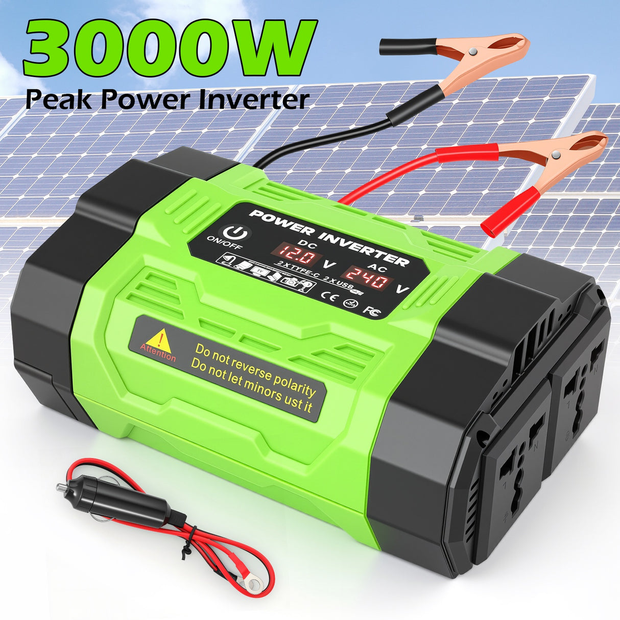 12V to 220V Car Power Inverter with 2 AC & 2 USB-A