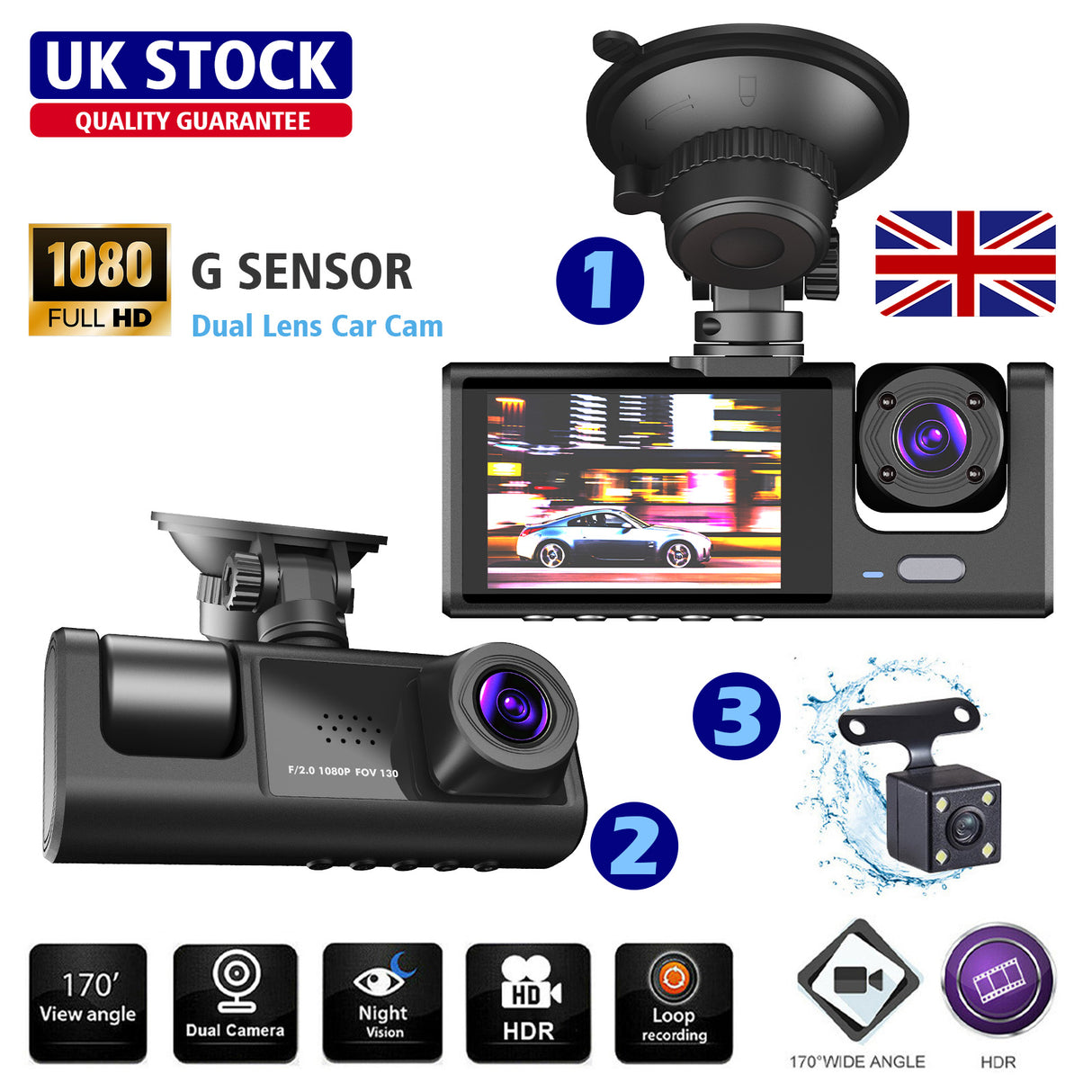 4" Triple Lens 1080P Dash Cam with Front & Rear Camera (1)