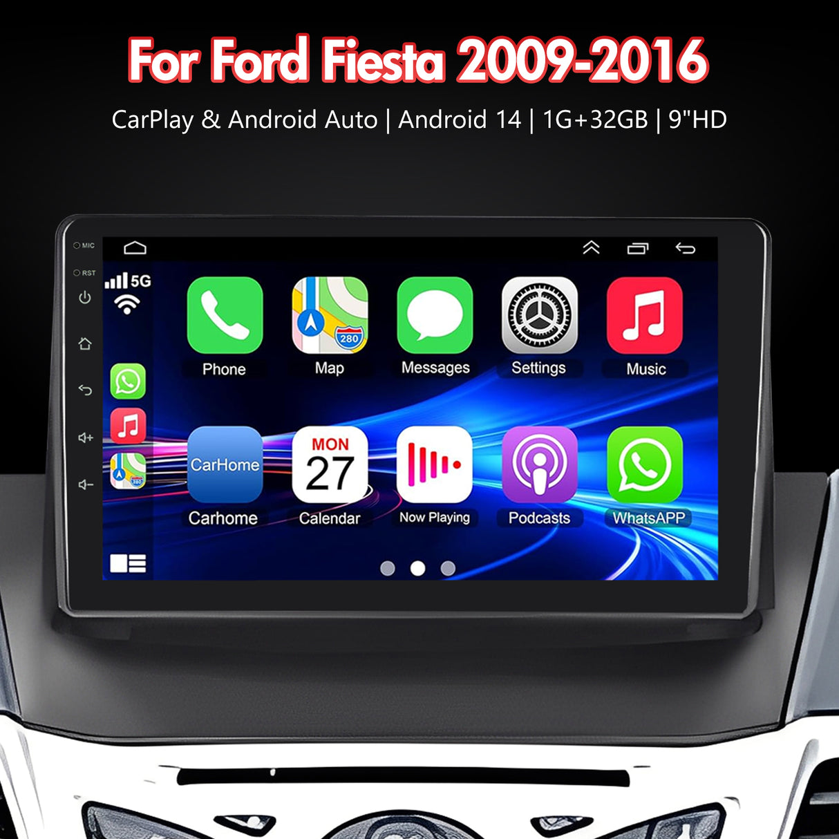 9'' Apple Carplay Android 14 Radio Stereo 1+32G — Ford Fiesta 2009-2016