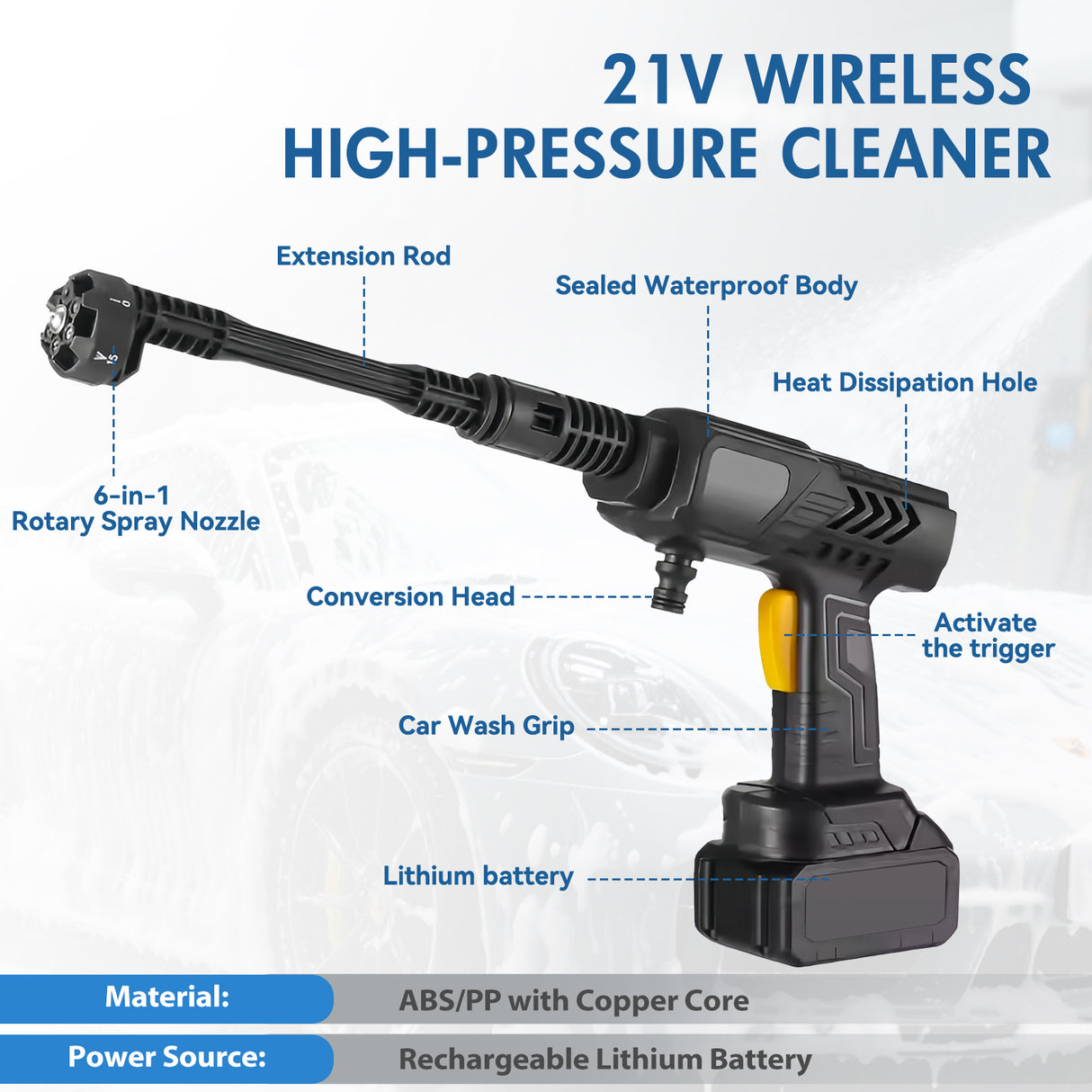 6-in-1 Cordless Pressure Washer with 10m Hose and Battery Kit