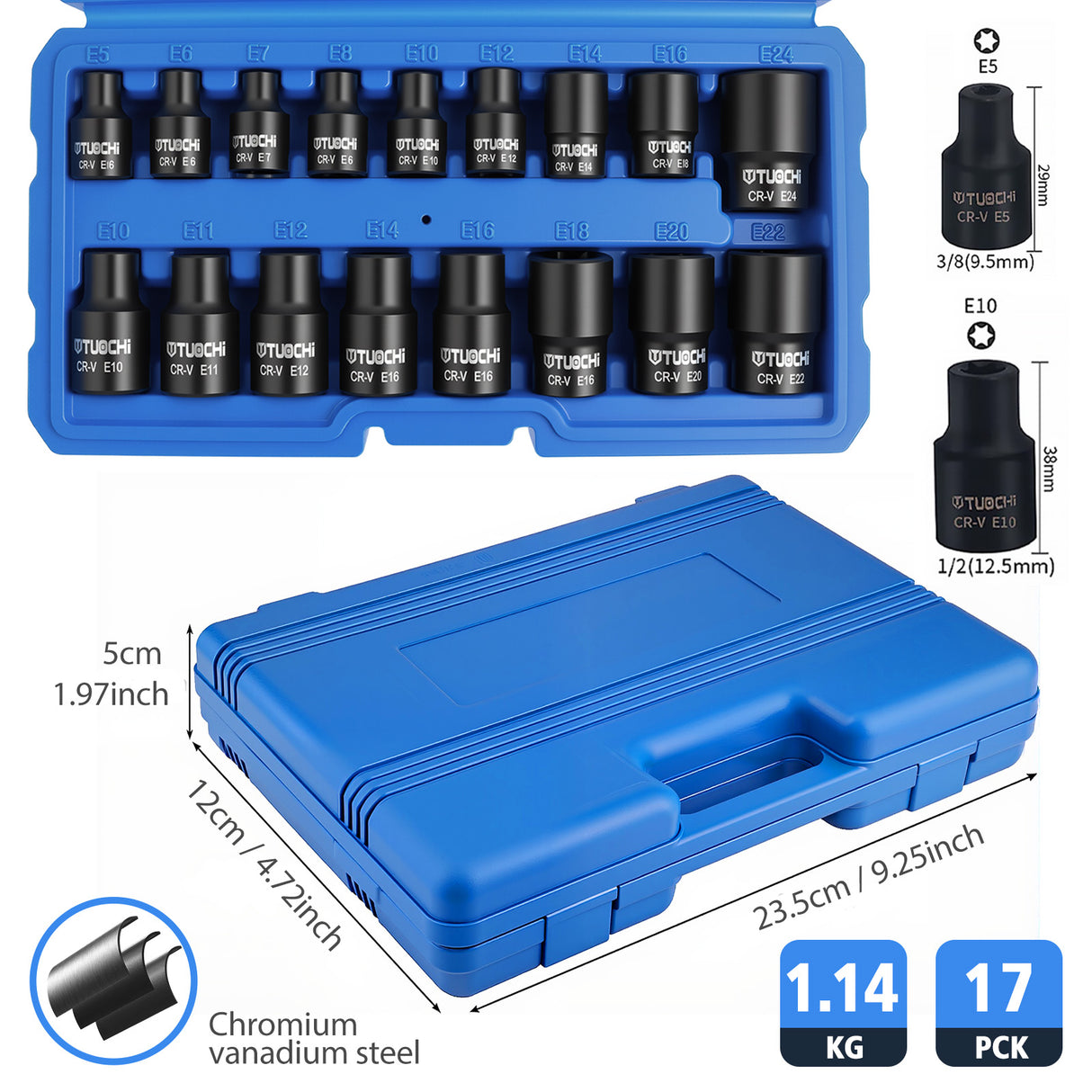17pcs Impact E Torx Female Sockets Set — E5-E24 3/8'' & 1/2'' Drive