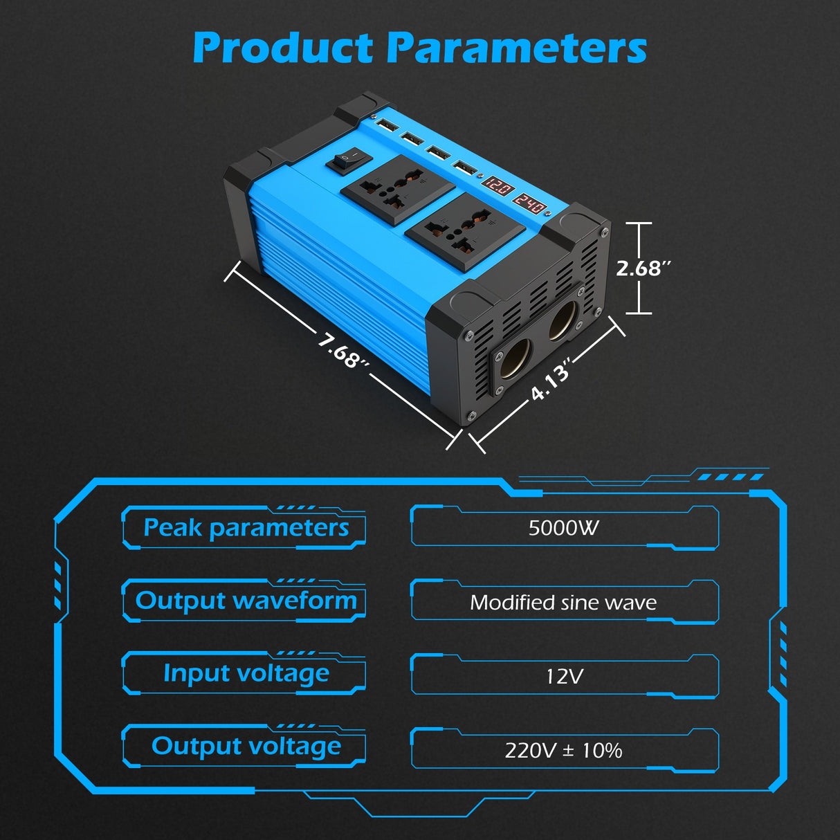 5000W 12V to 220V Car Power Inverter with 2 AC & 4 USB-A