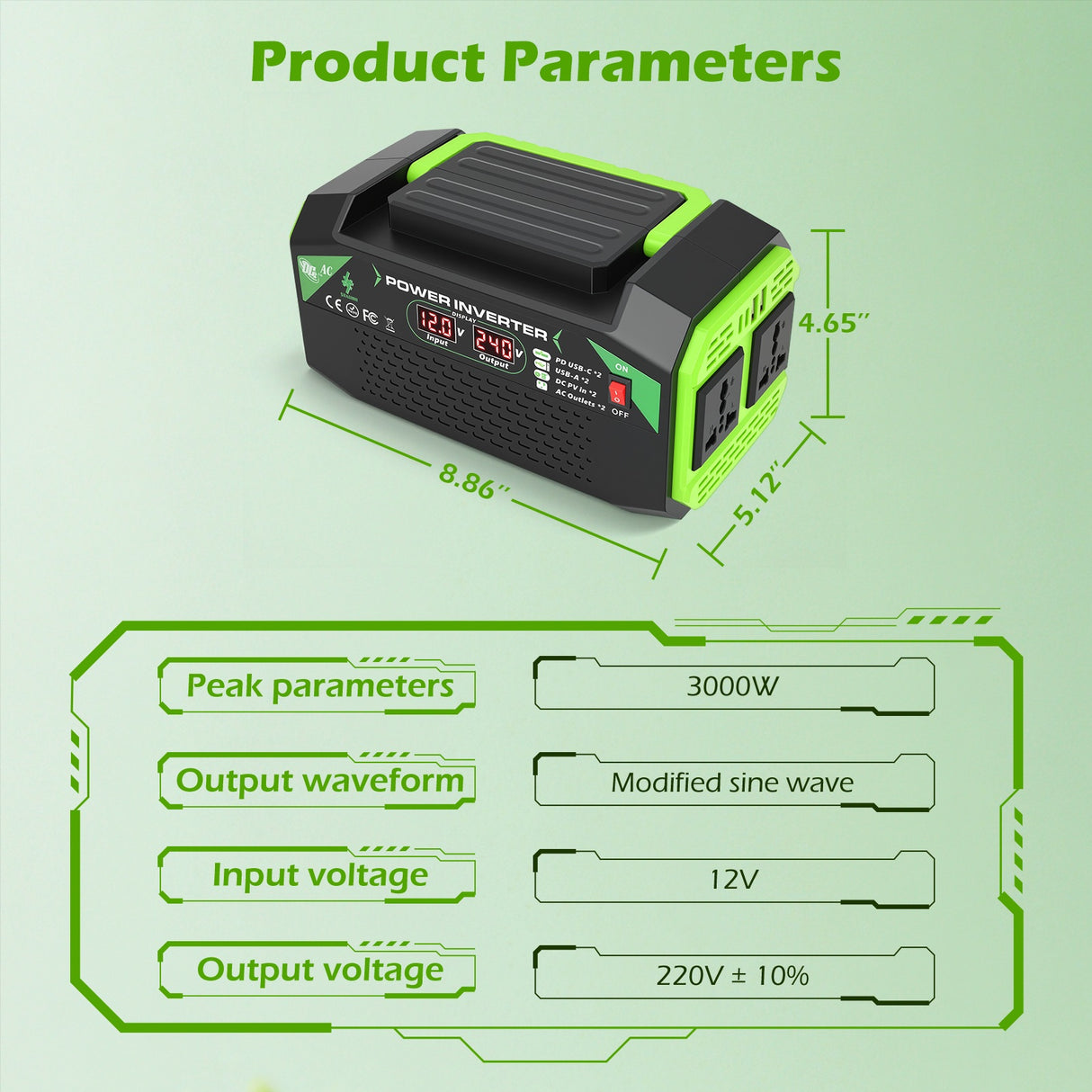 12V to 220V Car Power Inverter with 2 AC & USB Ports
