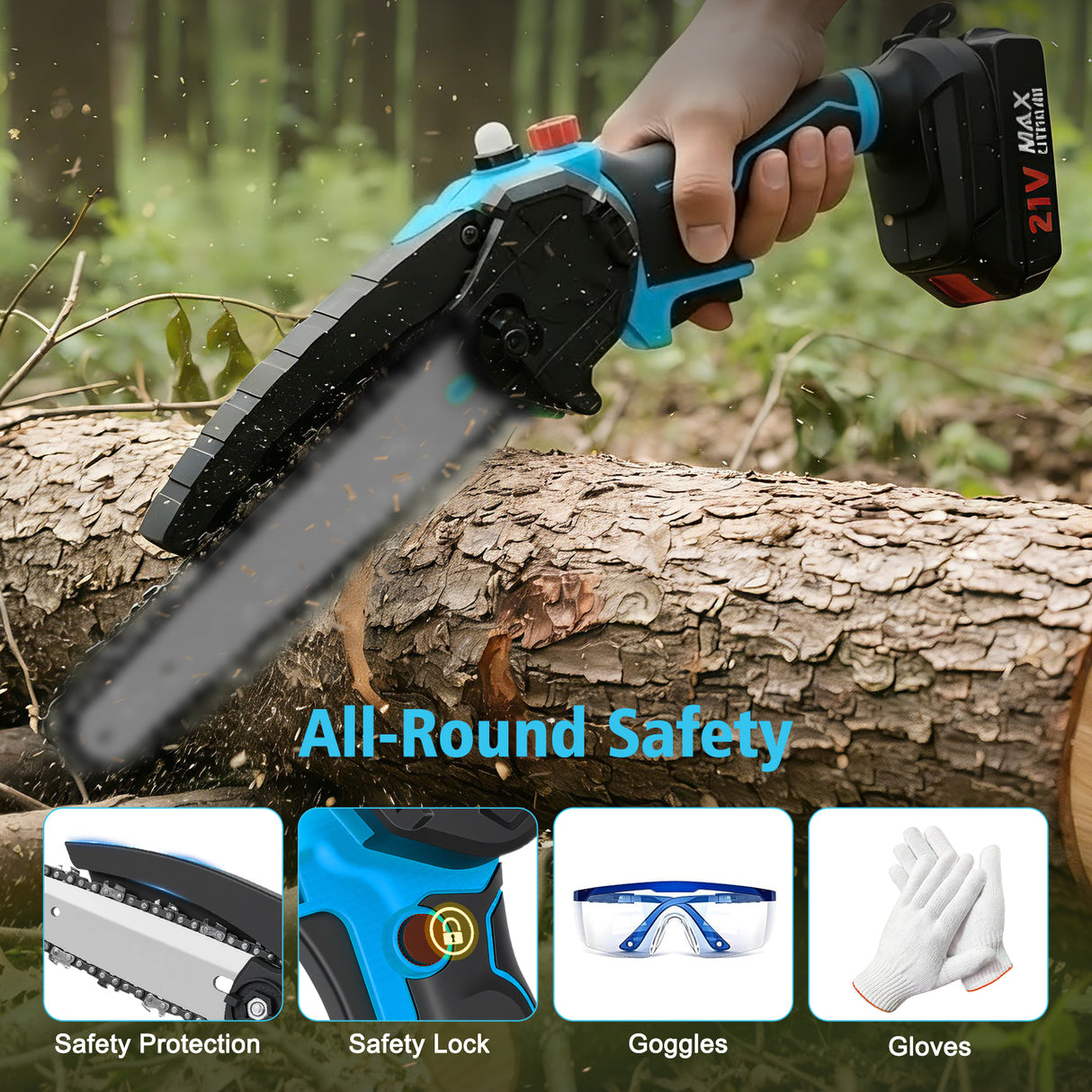 21V 6+8 Inch Cordless Mini Chainsaw with Batteries & Charger