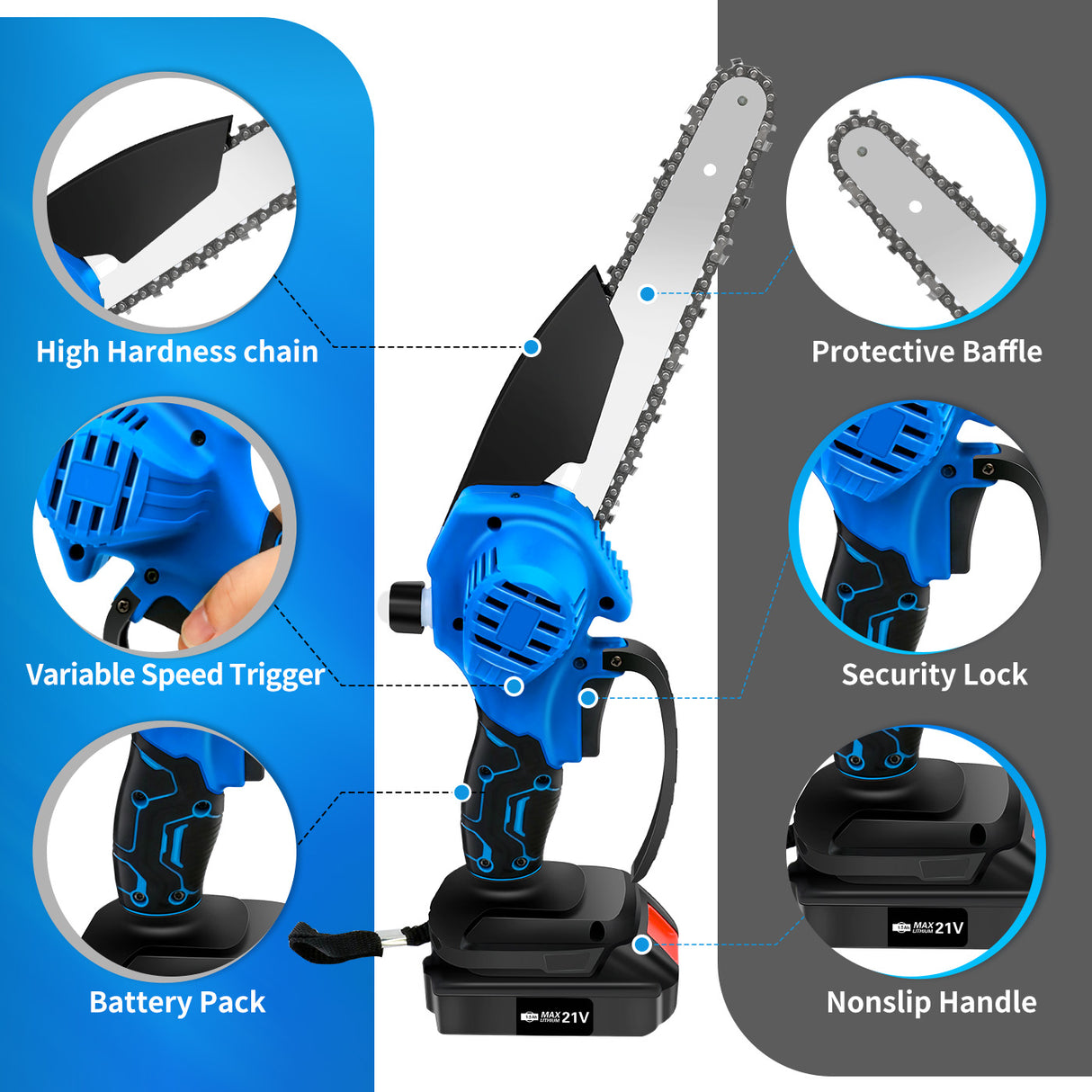 21V Cordless Handheld 3-Chain Chainsaw Kit with Batteries & Charger