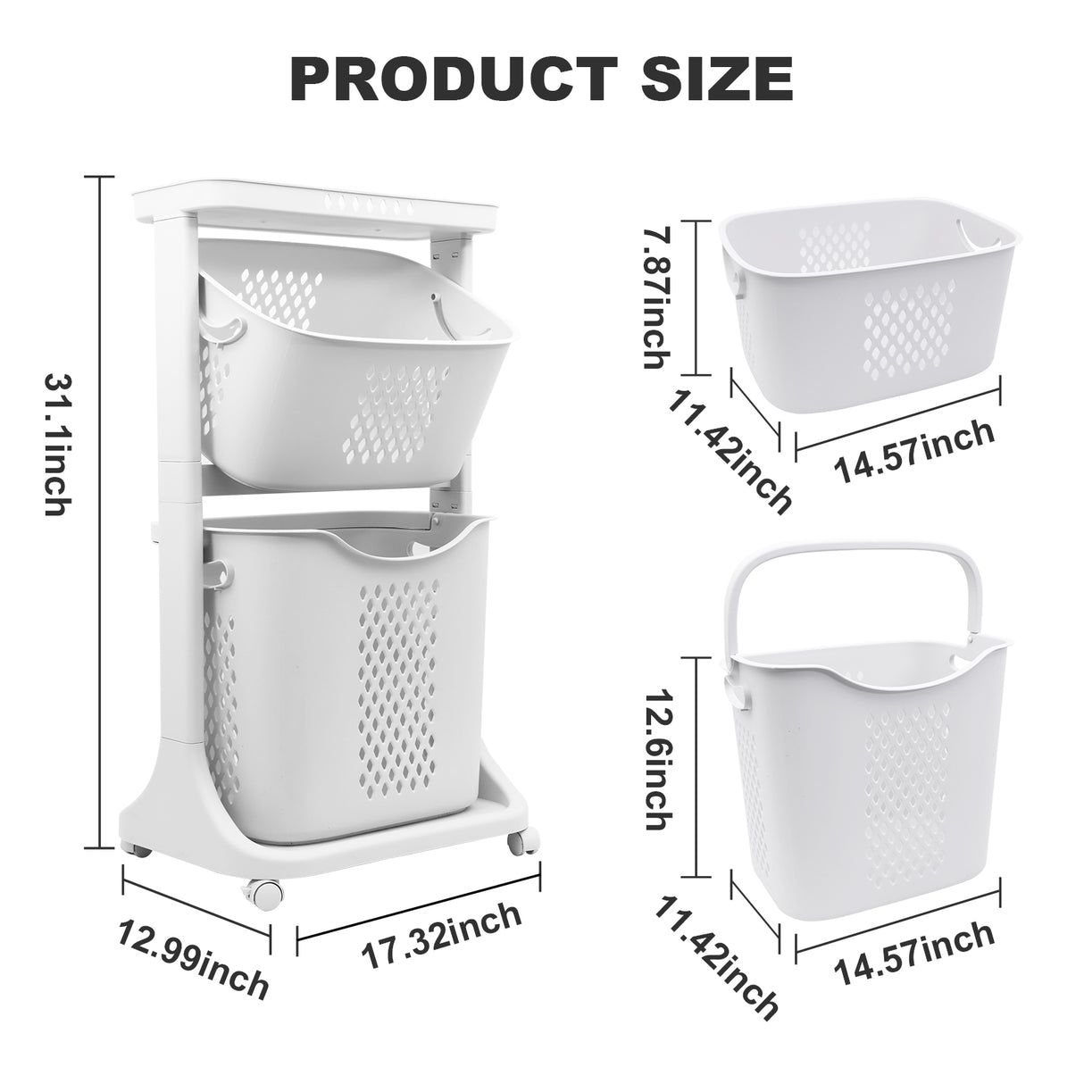 Rolling Laundry Basket Hamper with Wheels for Bathroom and Bedroom
