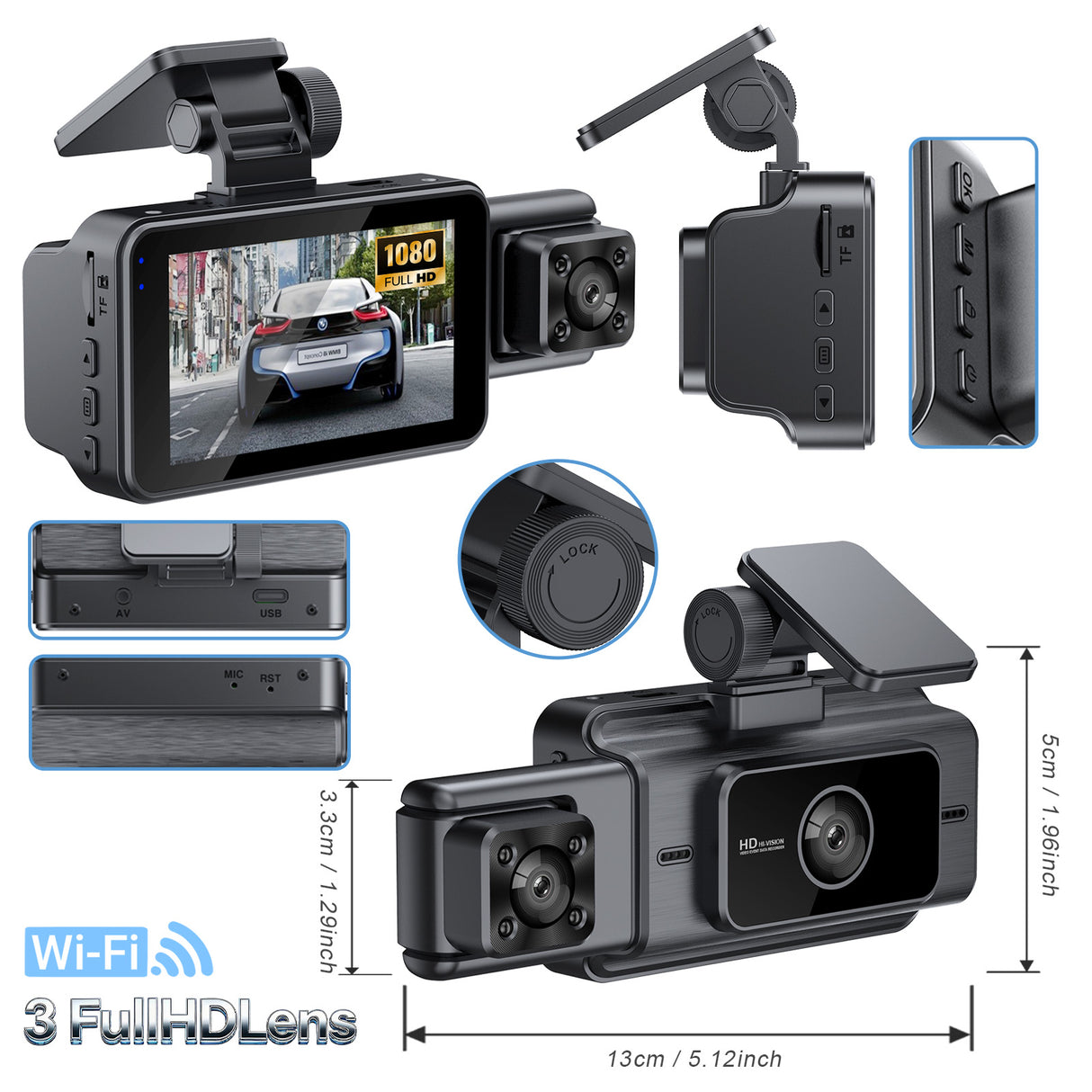 3" Teiple Lens 1080P WiFi Dash Cam Kit with Front & Rear Camera