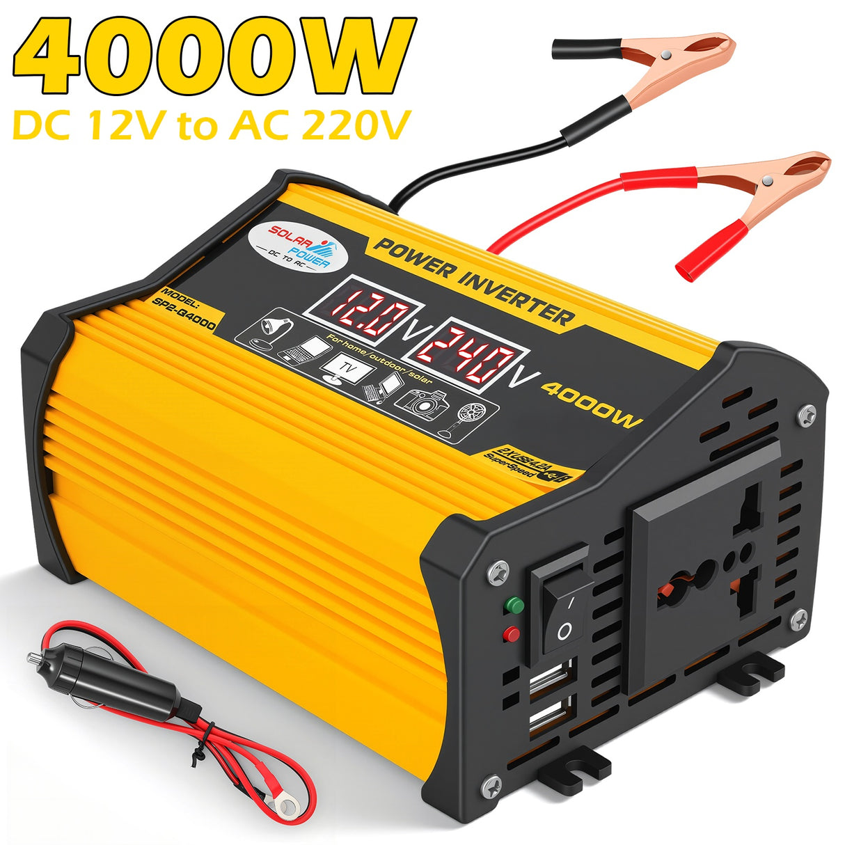 4000W 12V to 220V Car Power Inverter with 1 AC & 2 USB-A