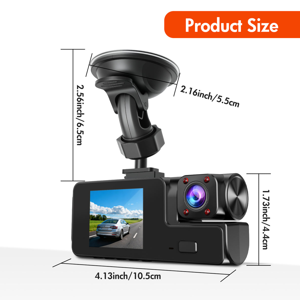 2" Triple Lens 1080P Dash Cam with Front & Rear Camera Size
