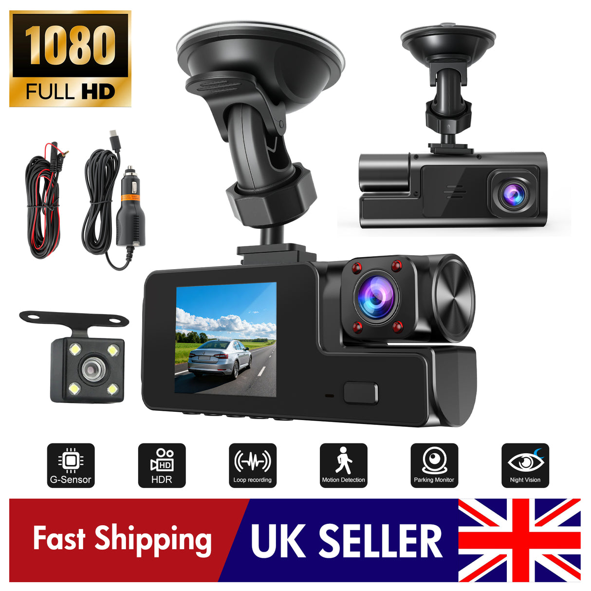 2" Triple Lens 1080P Dash Cam with Front & Rear Camera (1)