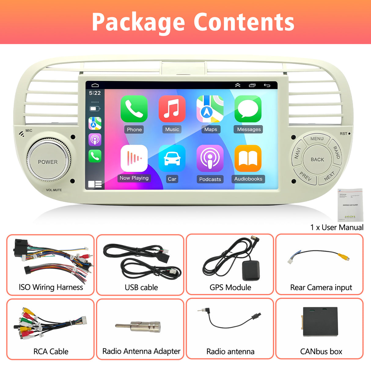 7'' Apple Carplay Android 13 Radio Stereo 2+32G — Fiat 500 2007-2015