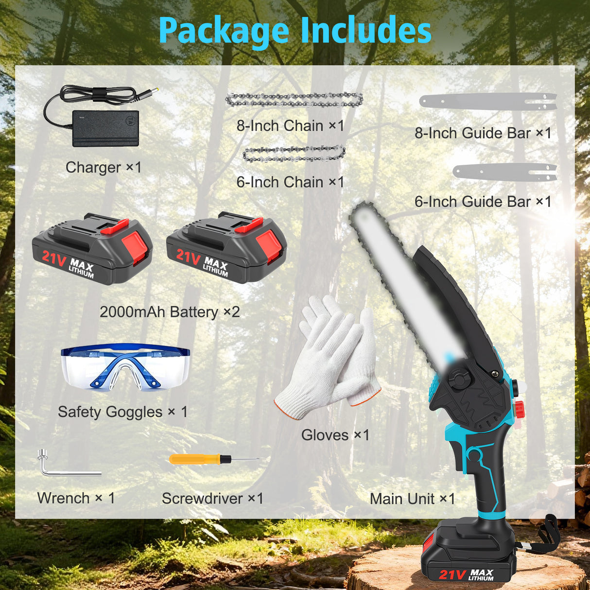 21V 6+8 Inch Cordless Mini Chainsaw with Batteries & Charger