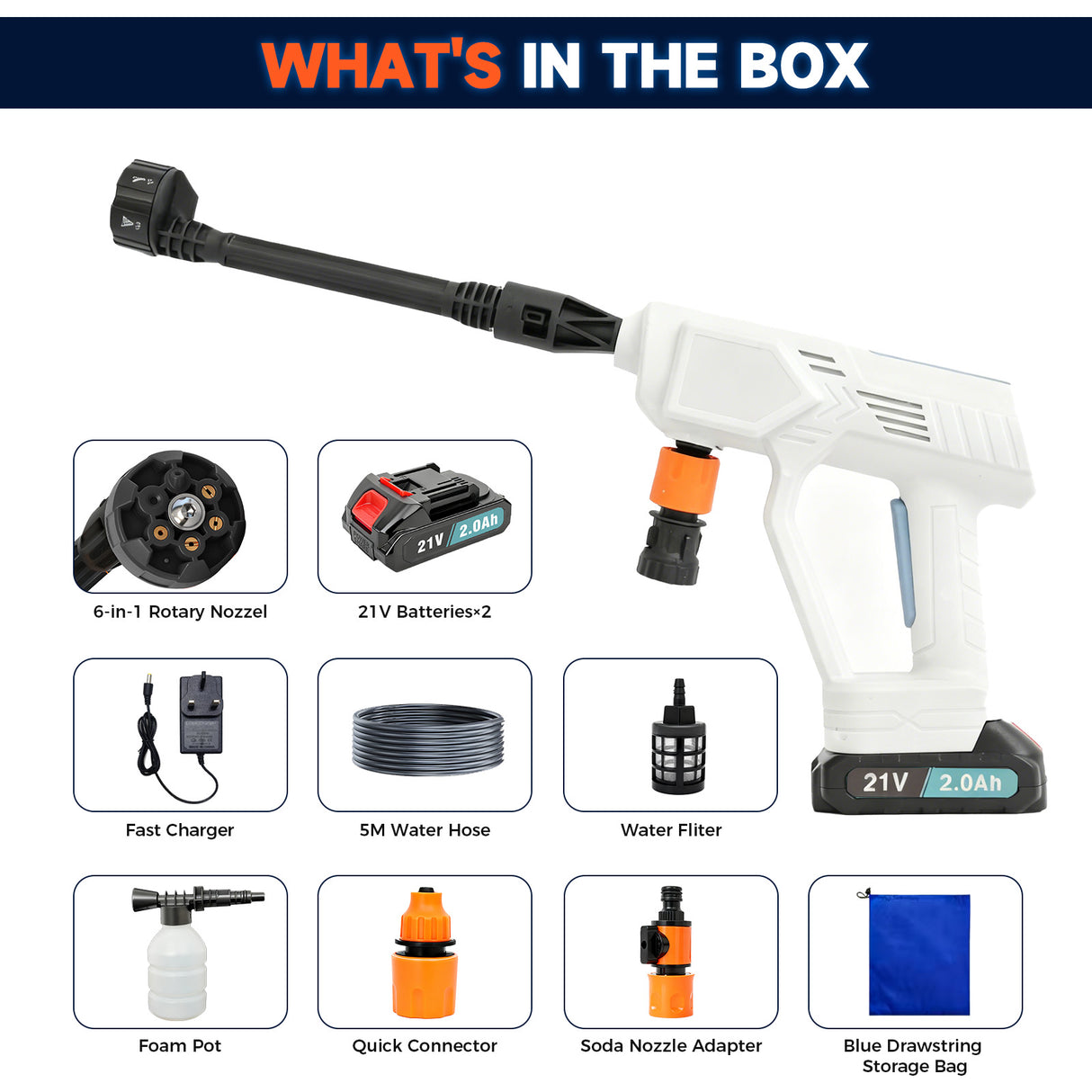 21V Cordless Pressure Washer with 6-in-1 Nozzle Compact Kit