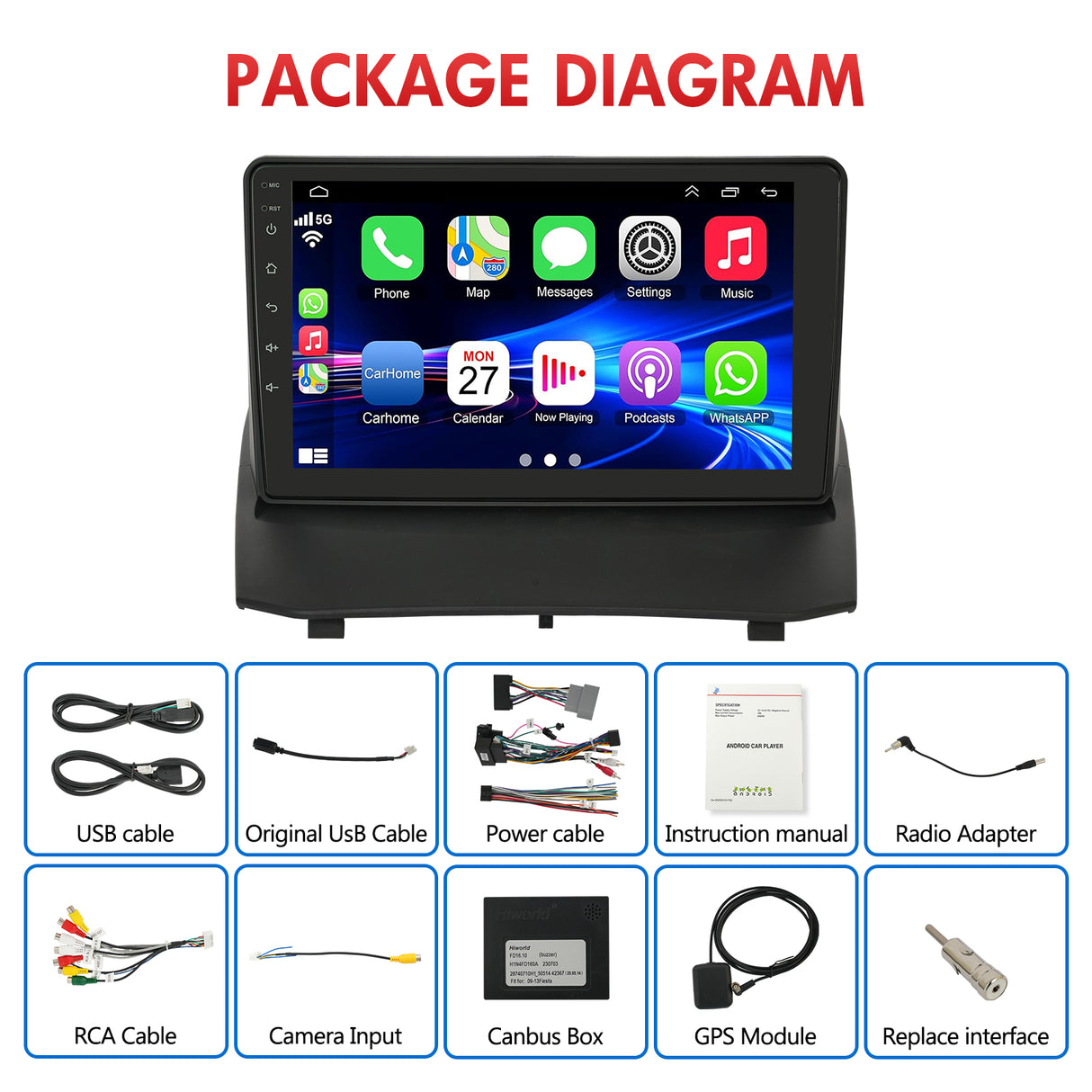 9'' Apple Carplay Android 14 Radio Stereo 1+32G — Ford Fiesta 2009-2016 (17)