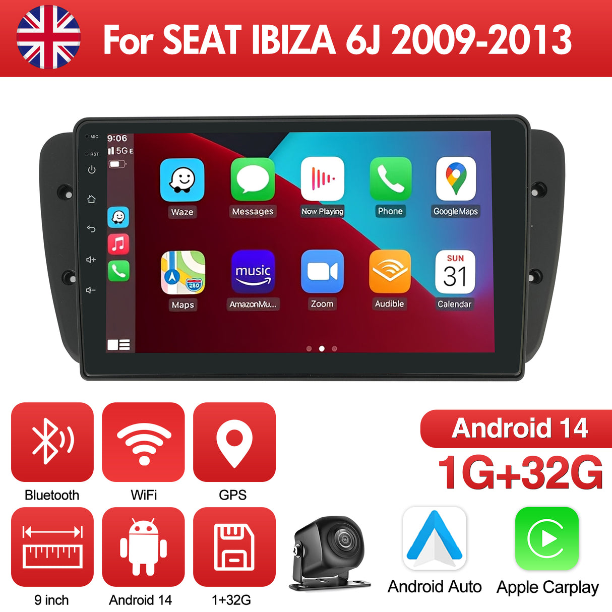 9'' Apple Carplay Android 14 Radio Stereo 1+32GB — SEAT IBIZA 6J 2009-2013