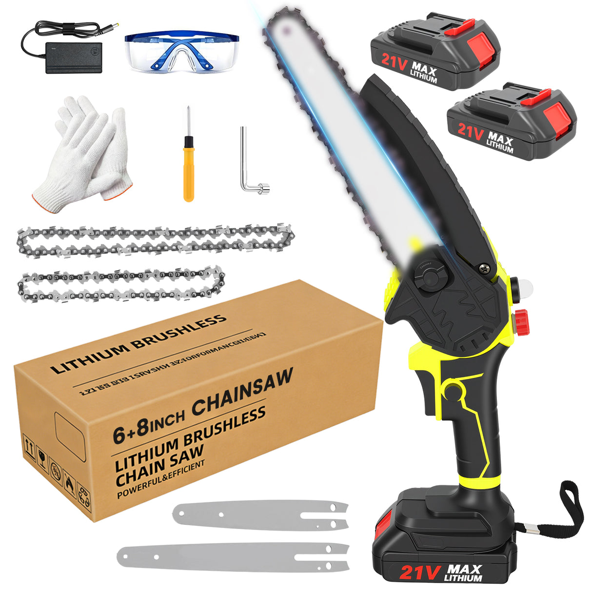 21V 6+8 Inch Cordless Mini Chainsaw with Batteries & Charger
