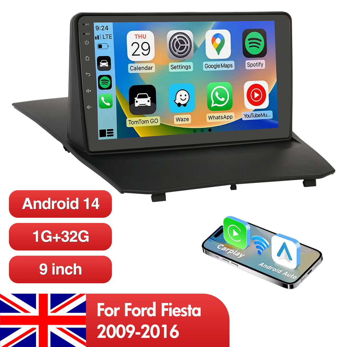 9'' Apple Carplay Android 14 Radio Stereo 1+32G — Ford Fiesta 2009-2016 (2)