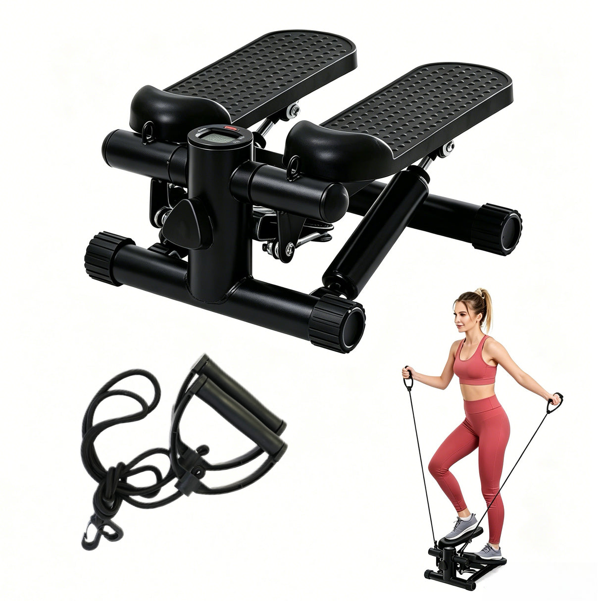mini stepper with resistance bands-Black