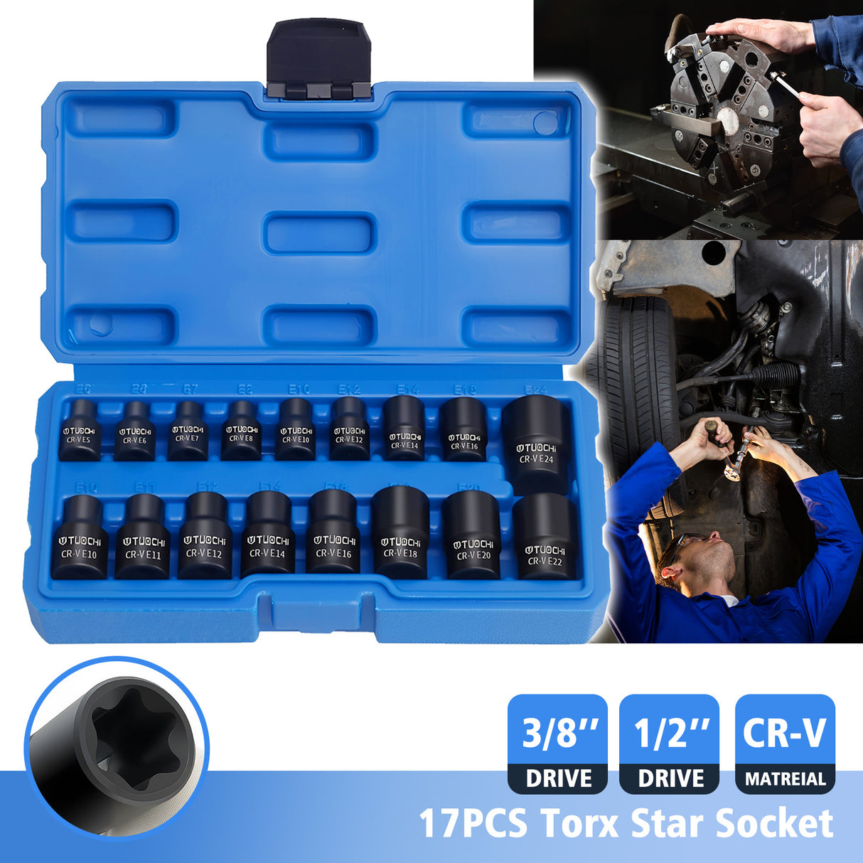 17pcs Impact E Torx Female Sockets Set — E5-E24 3/8'' & 1/2'' Drive