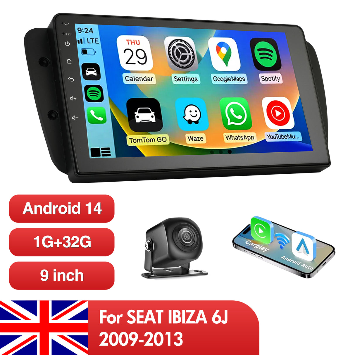 9'' Apple Carplay Android 14 Radio Stereo 1+32GB — SEAT IBIZA 6J 2009-2013