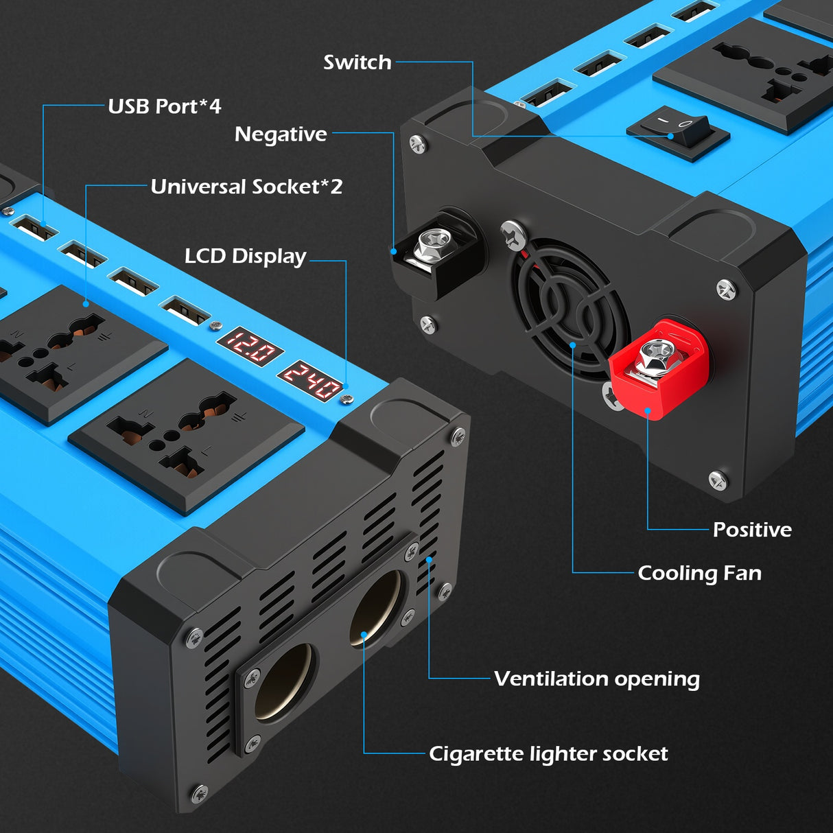 5000W 12V to 220V Car Power Inverter with 2 AC & 4 USB-A
