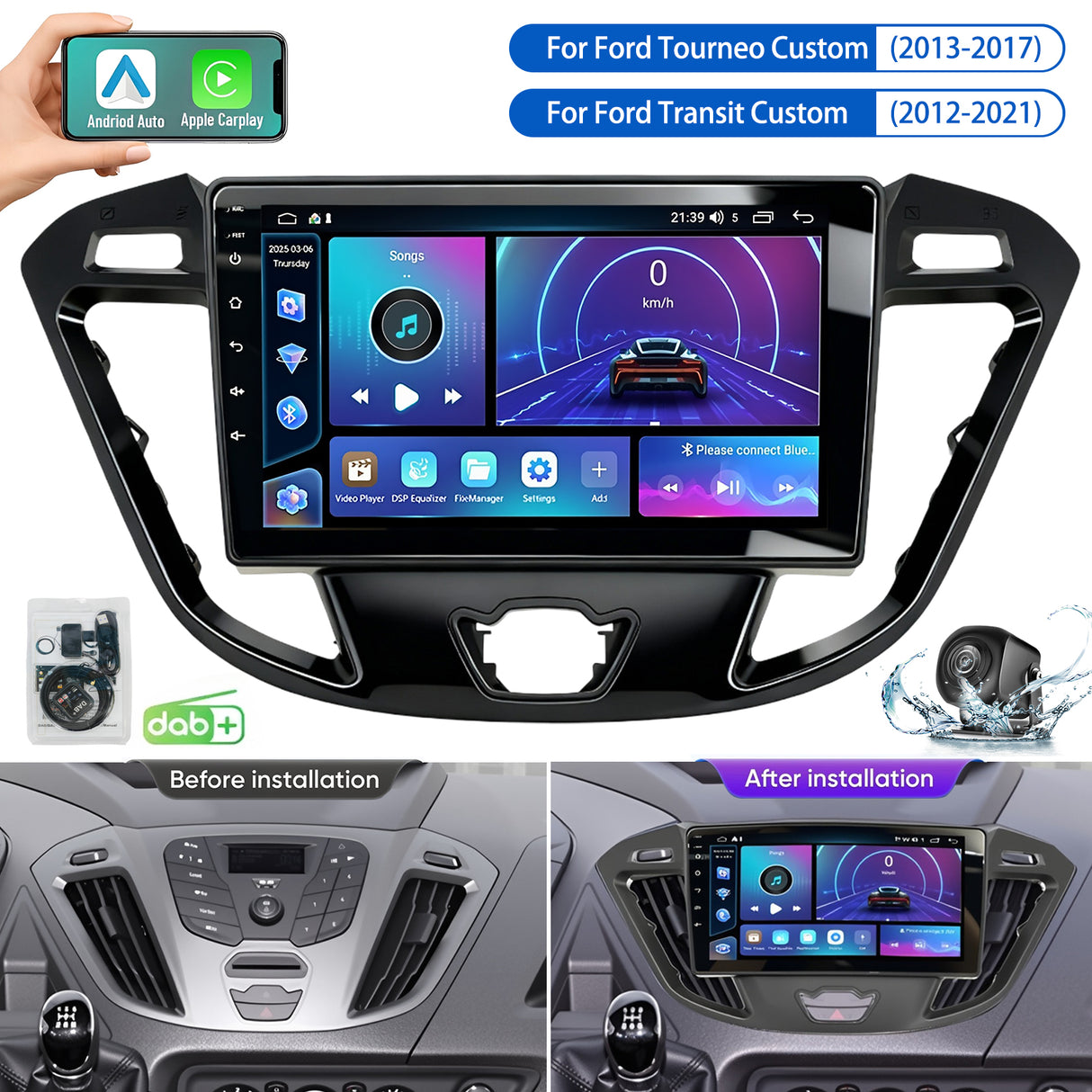 9'' Apple Carplay Android 14 AHD DAB+ Radio Stereo 2+32G — Ford Transit Custom 2012-2021