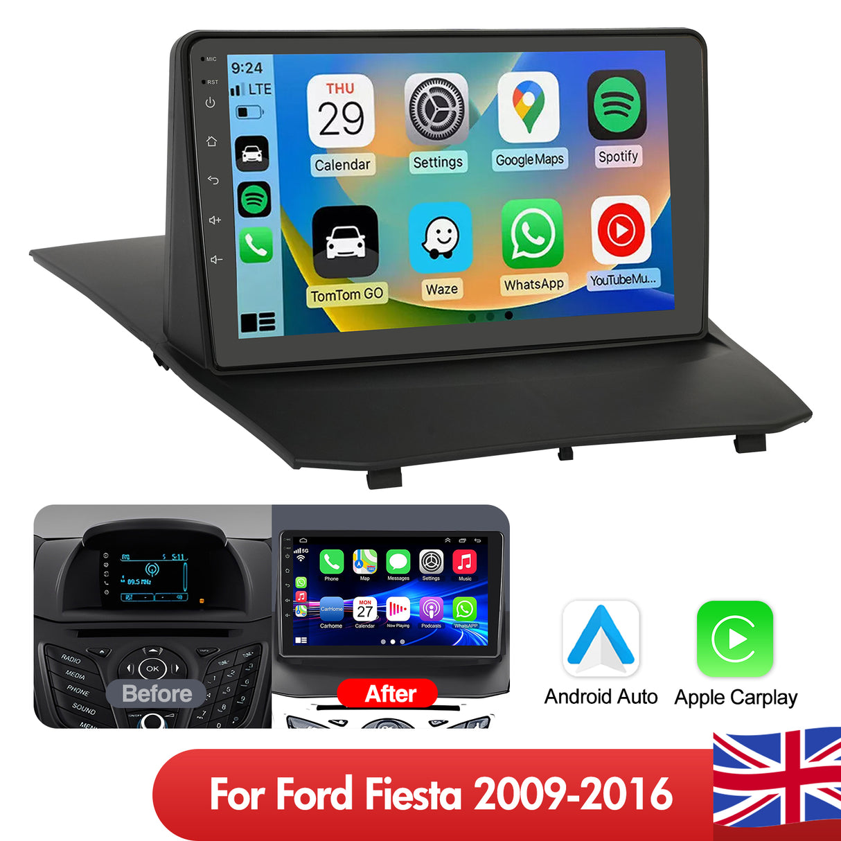 9'' Apple Carplay Android 14 Radio Stereo 1+32G — Ford Fiesta 2009-2016 (3)