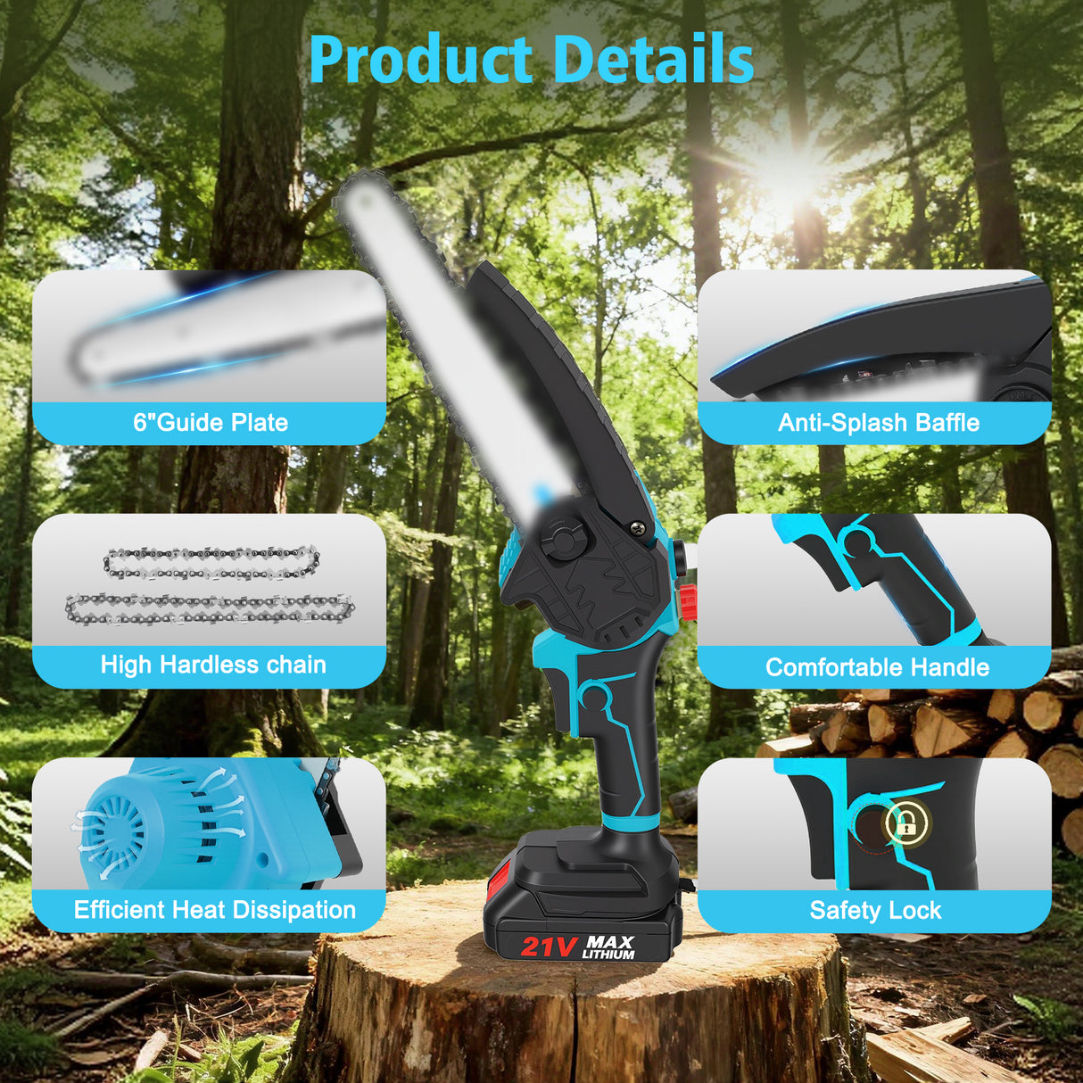 21V 6+8 Inch Cordless Mini Chainsaw with Batteries & Charger