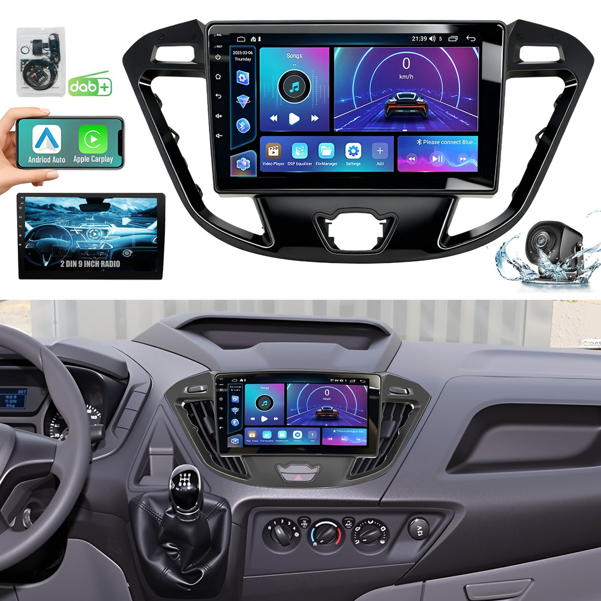 9'' Apple Carplay Android 14 AHD DAB+ Radio Stereo 2+32G — Ford Transit Custom 2012-2021